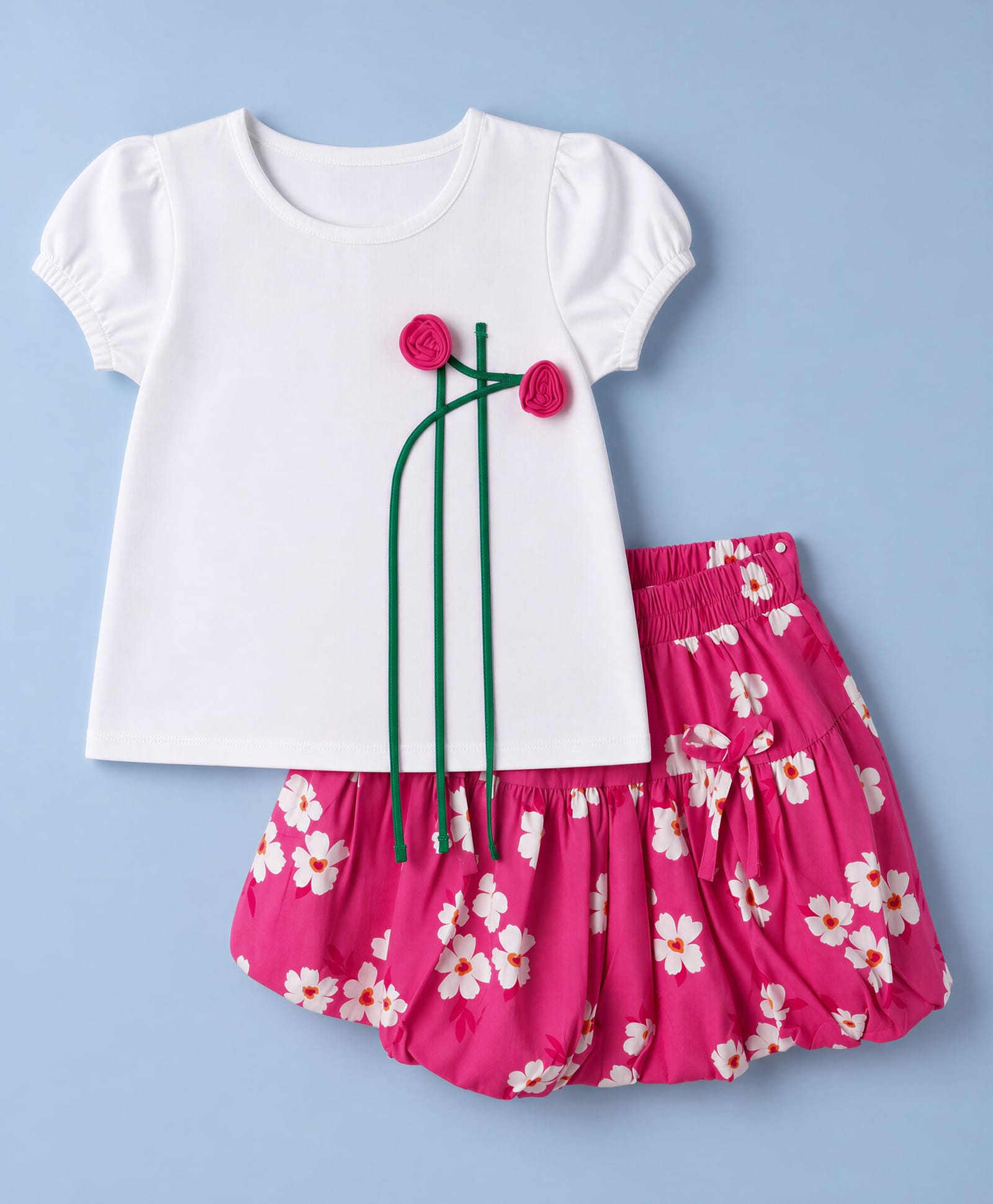 Babyoye Cotton Woven Half Sleeves Top & Skirt Set with Floral Print - White & PInk-image-48
