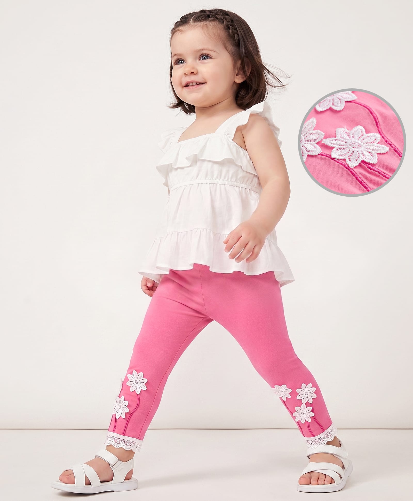 Babyoye Lycra Knit Cotton Full Length Legging With Floral Embroidery - Pink-picture-27