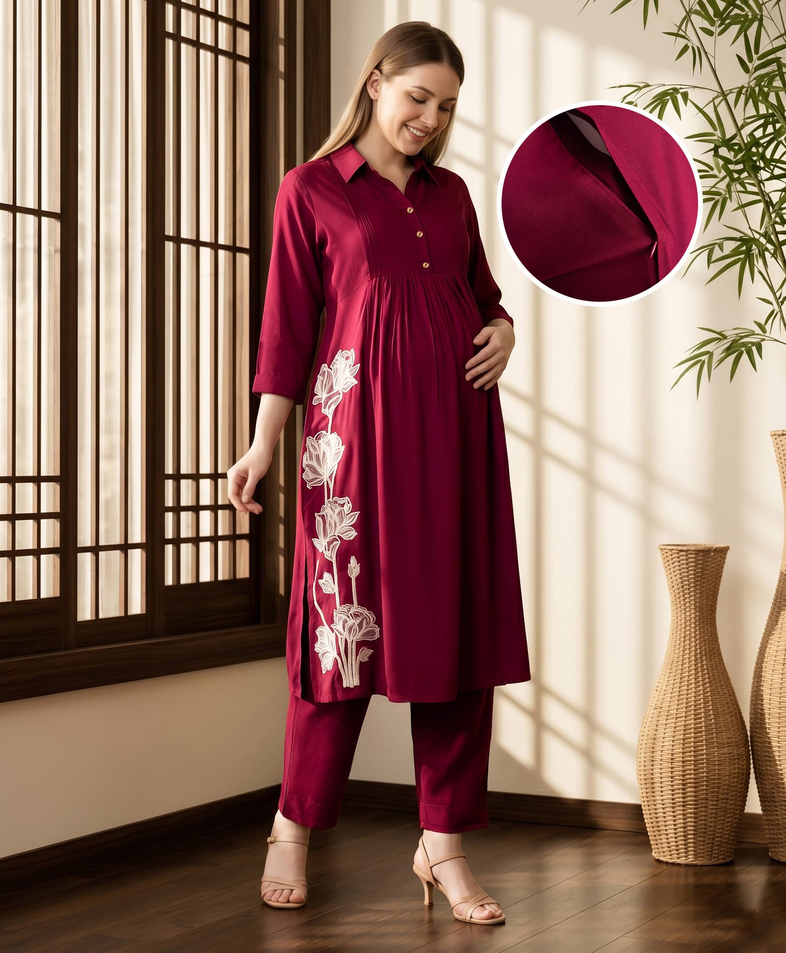 Bella Mama Women Three Fourth Sleeves Floral Embroidered Hem Suit Set - Maroon-image-31