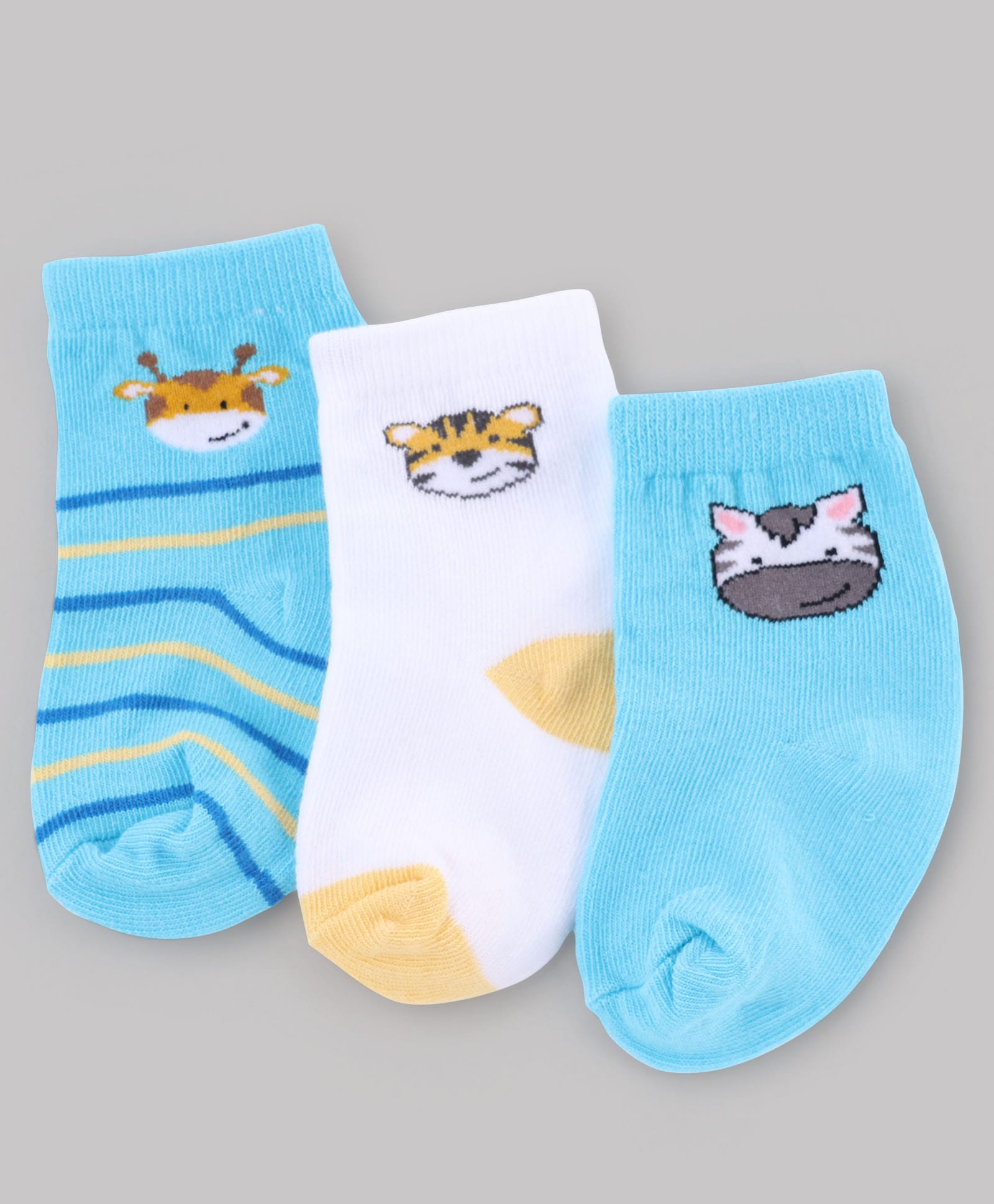 Cute Walk by Babyhug Non Terry Knit Anti-Bacterial Ankle Length Striped Socks With Animal Design Pack of 3 - White & Sky Blue-image-28