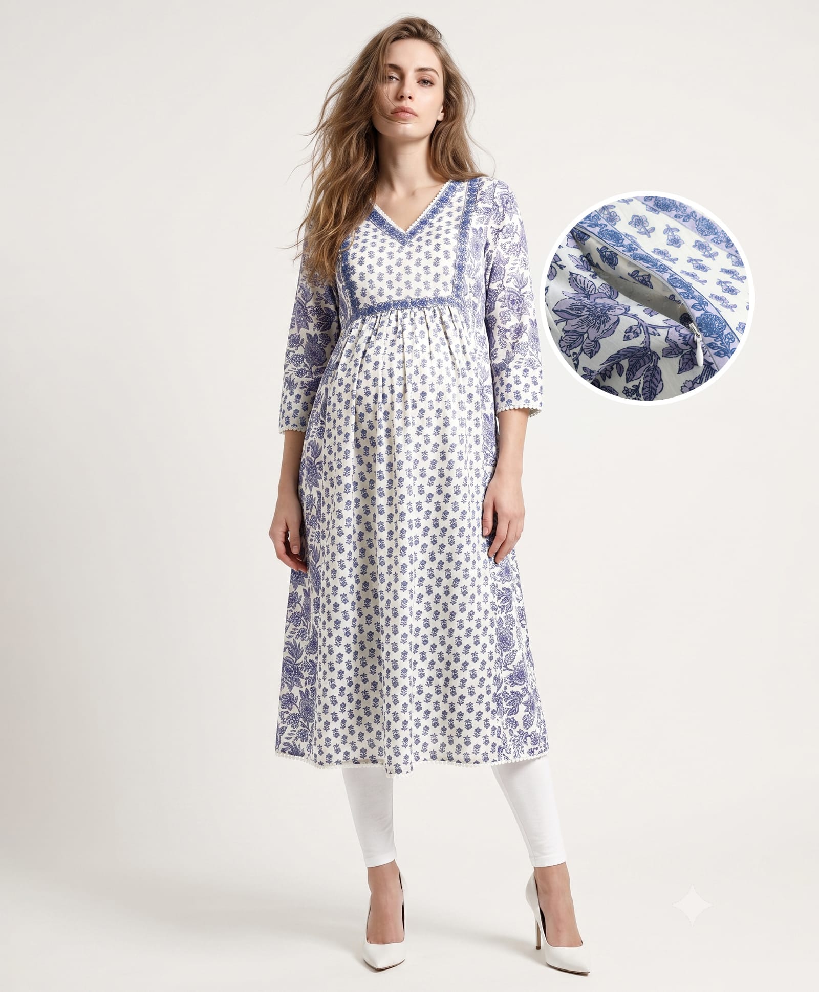 Bella Mama Woven Three Fourth Sleeves Maternity Kurta With MIx & Match Floral Print & Highlighted Neck- Lilac
