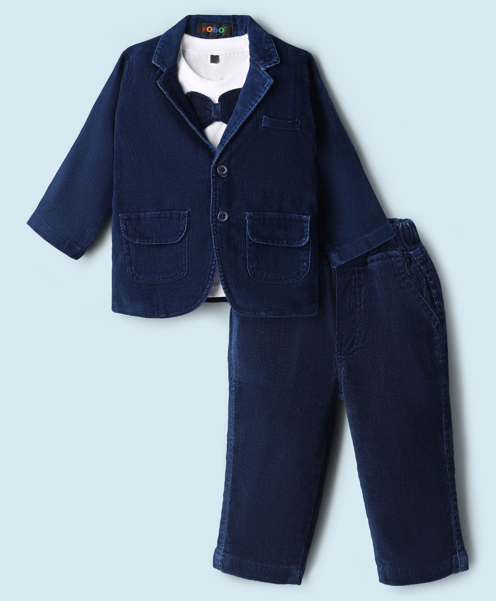 Robo Fry Cotton Woven Full Sleeves Solid Bow Appliqued T-Shirt & Pant Set With Blazer - Navy Blue-picture-32