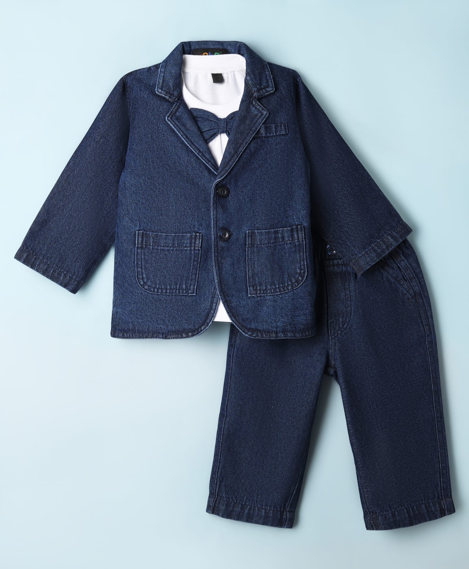 Robo Fry Cotton Woven Full Sleeves Solid Bow Appliqued T-Shirt & Pant Set With Blazer - Navy Blue-picture-11