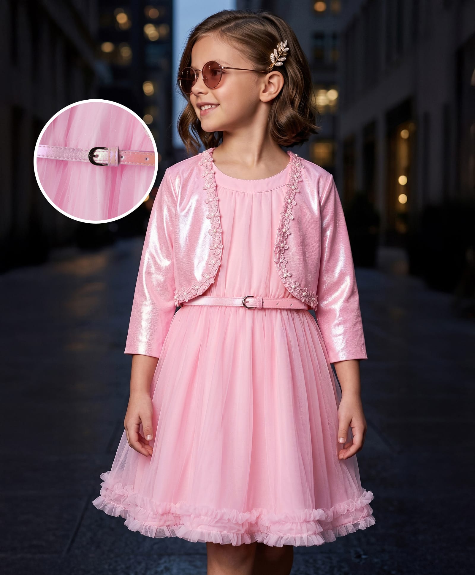Hola Bonita Glitter Mesh Knit Three Fourth Sleeves Party Dress With Shimmered Shrug & Belt- Pink-image-45