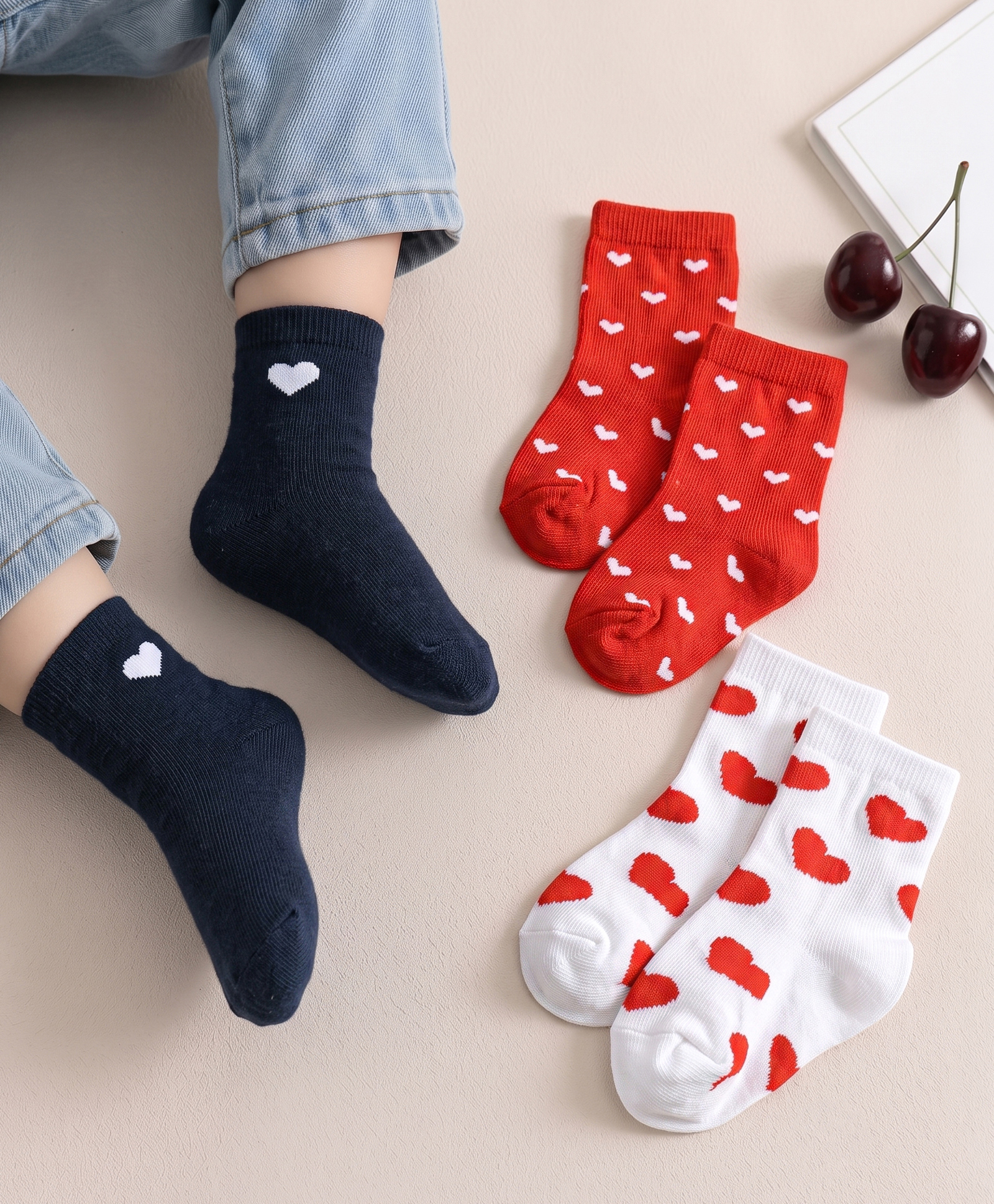 Cute Walk by Babyhug Non Terry Knit Anti-bacterial Ankle Length Sock With Heart Design Pack of 3 - Red White & Black-picture-20