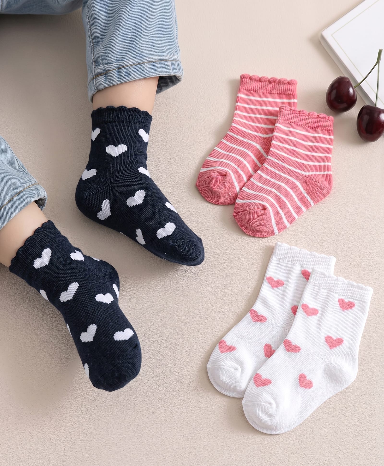 Cute Walk by Babyhug Non Terry Knit Anti-bacterial Ankle Length Striped Sock With Heart Design Pack of 3 - Pink White & Black-image-15