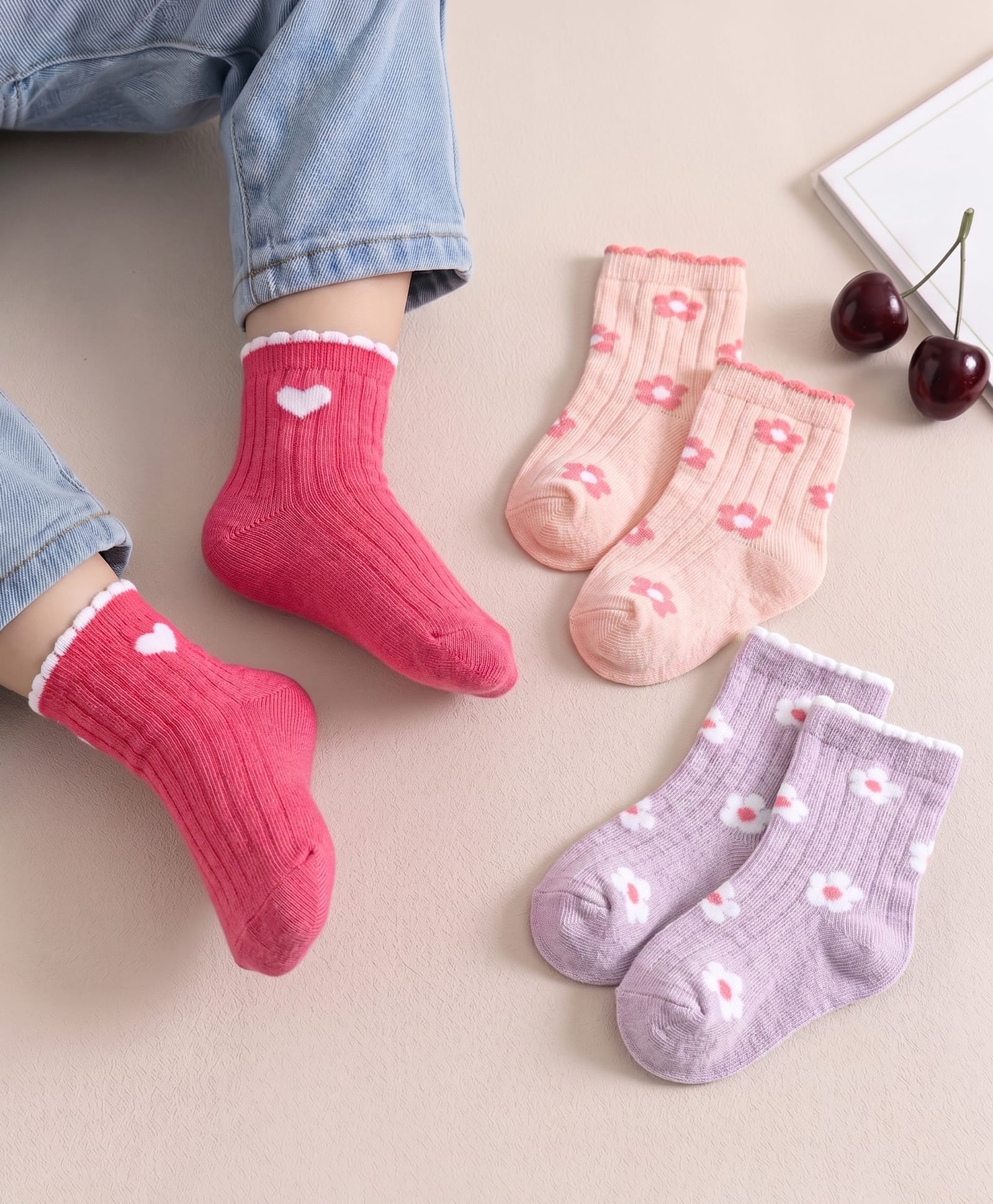 Cute Walk by Babyhug Non Terry Knit Anti-bacterial Ankle Length Sock With Floral & Heart Design Pack of 3 - Pink Peach & Lilac-picture-11