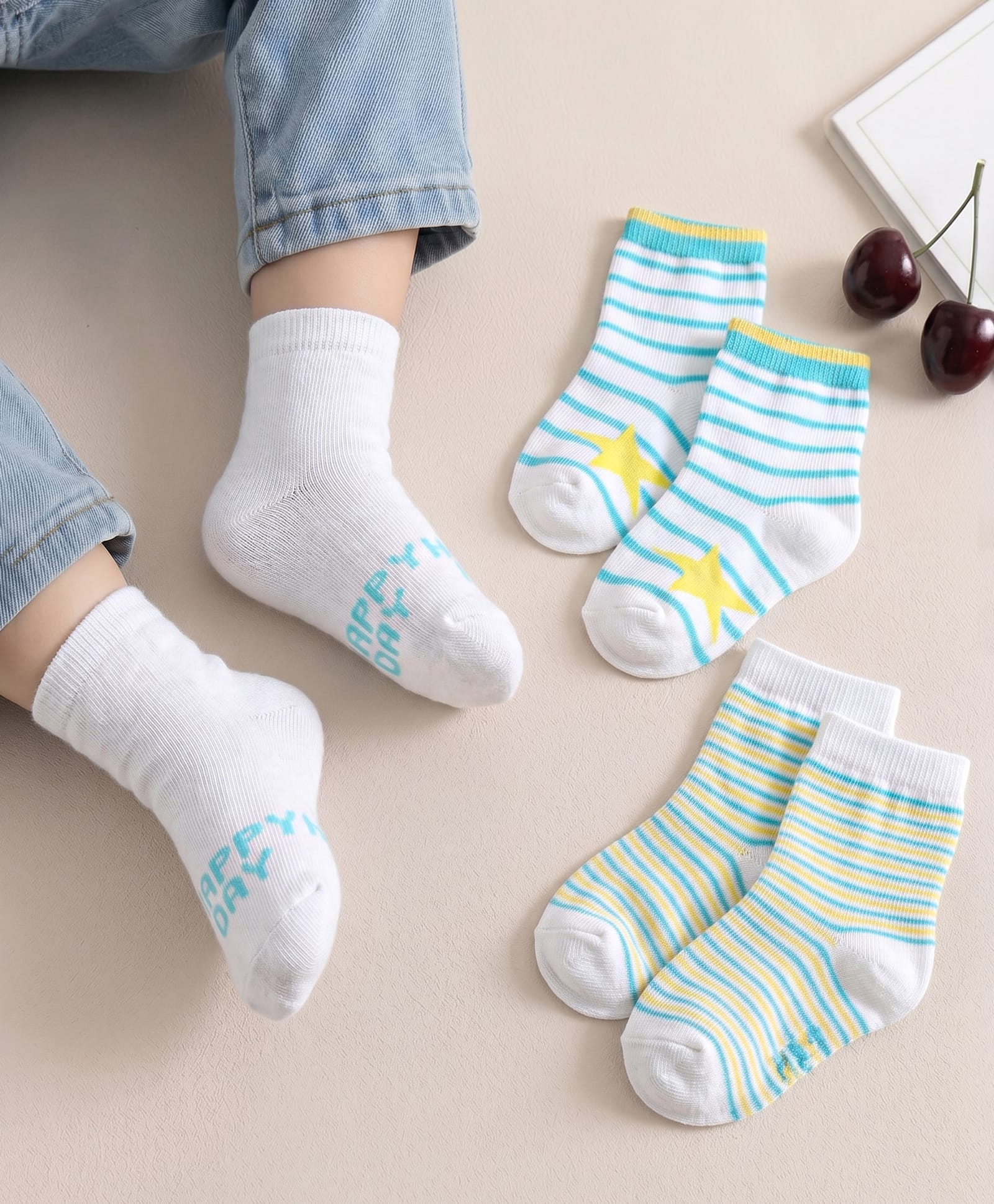 Cute Walk by Babyhug Anti Bacterial Star Printed & Striped Ankle Length Socks Pack of 3 - Sea Green-image-44