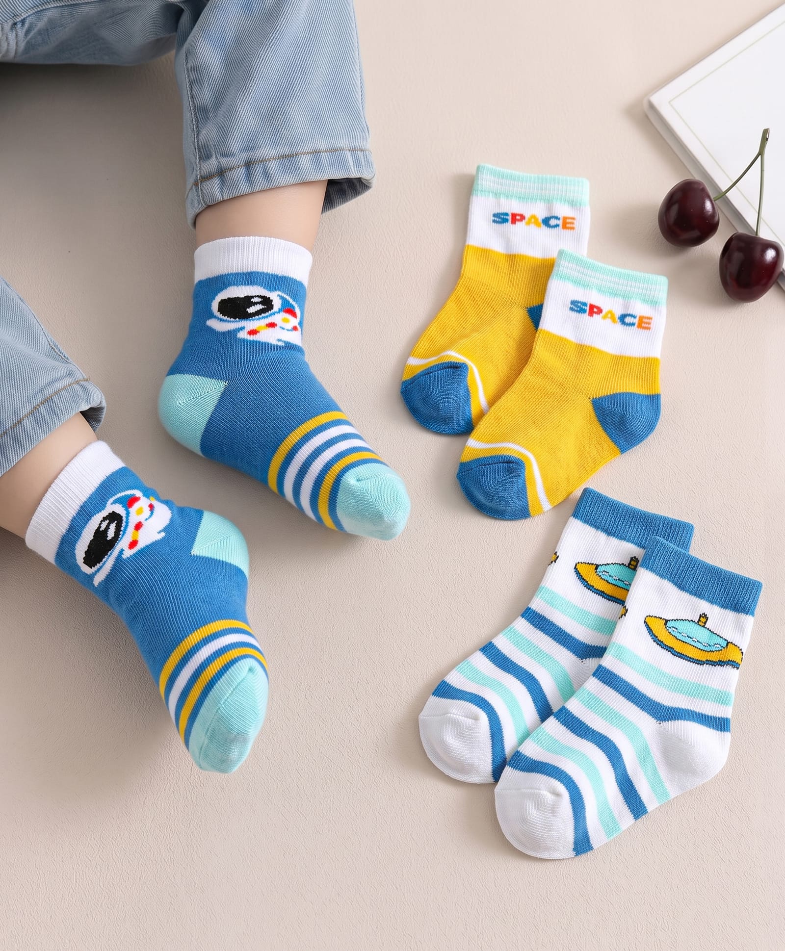Cute Walk by Babyhug Anti-Bacterial Ankle Length Striped Sock With Space Design Pack of 3 - White & Blue-image-33