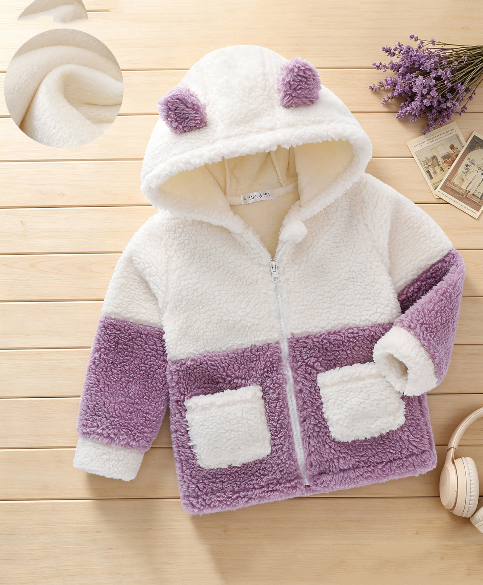 Mark & Mia Full Sleeves Hooded Jacket With Color Block & Ear Applique - White-image-26