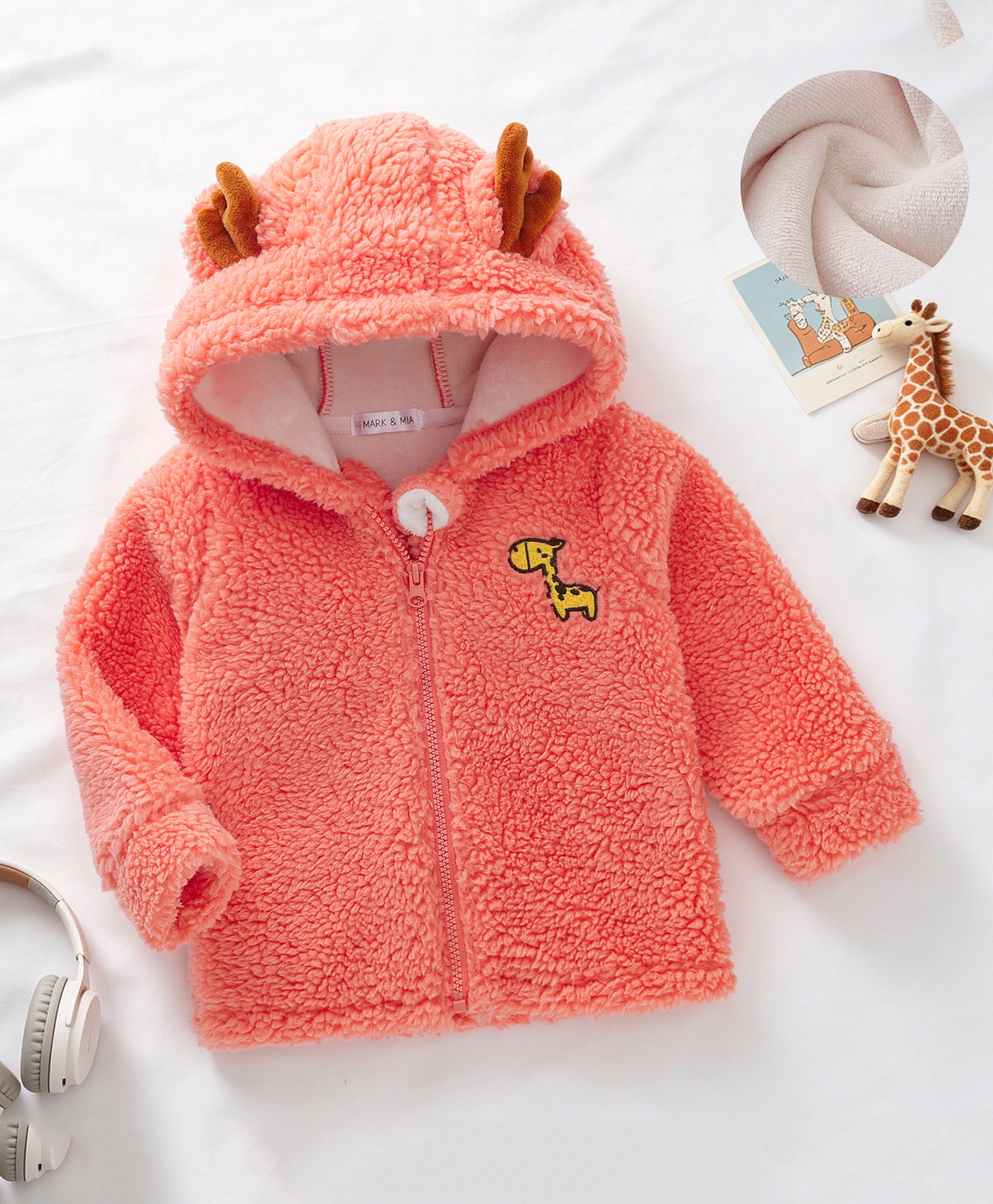 Mark & Mia Hooded Jacket Full Sleeves With Giraffe Embroidery & Ear Applique - Pink-image-3