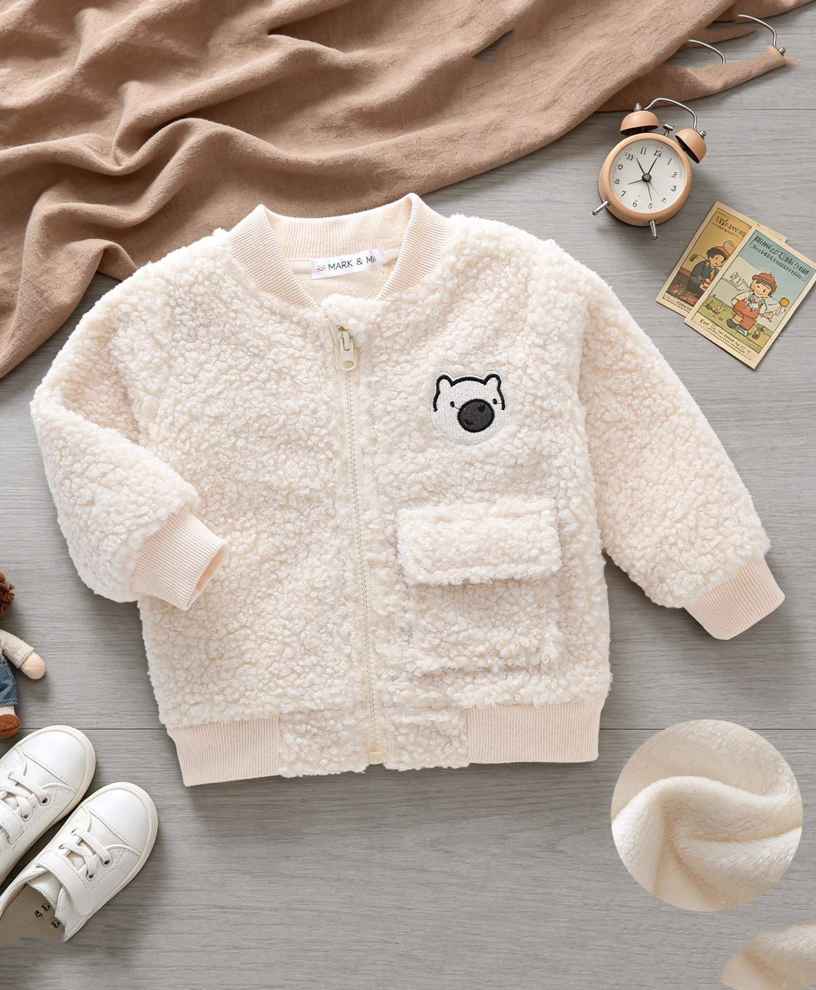 Mark & Mia Bomber Jackets with Full Sleeves and Bear Embroidery - Cream-image-46