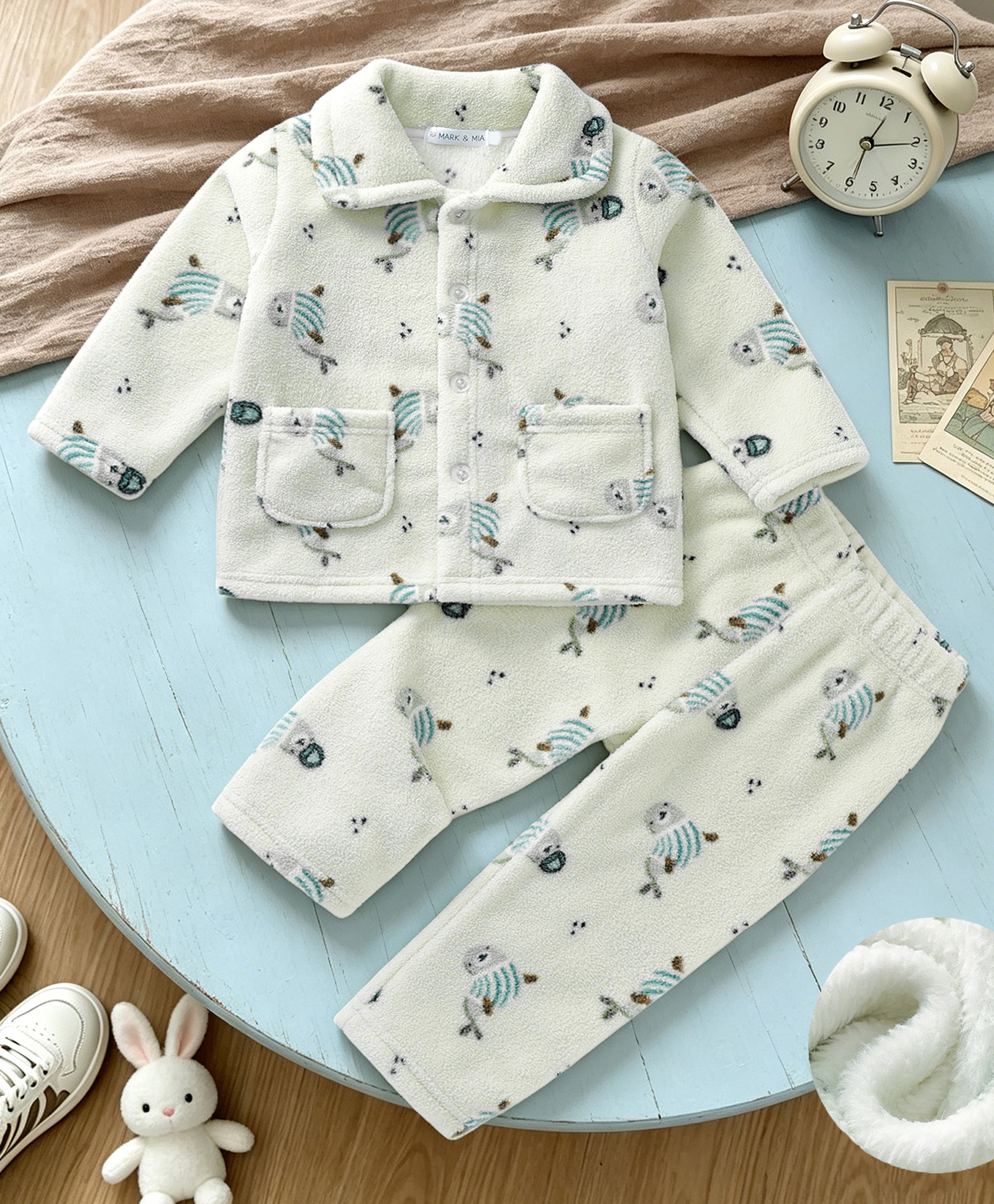 Mark & Mia Full Sleeves Co-ord Winter Night Suit with Birds Design & Pocket - Light Grey-image-42
