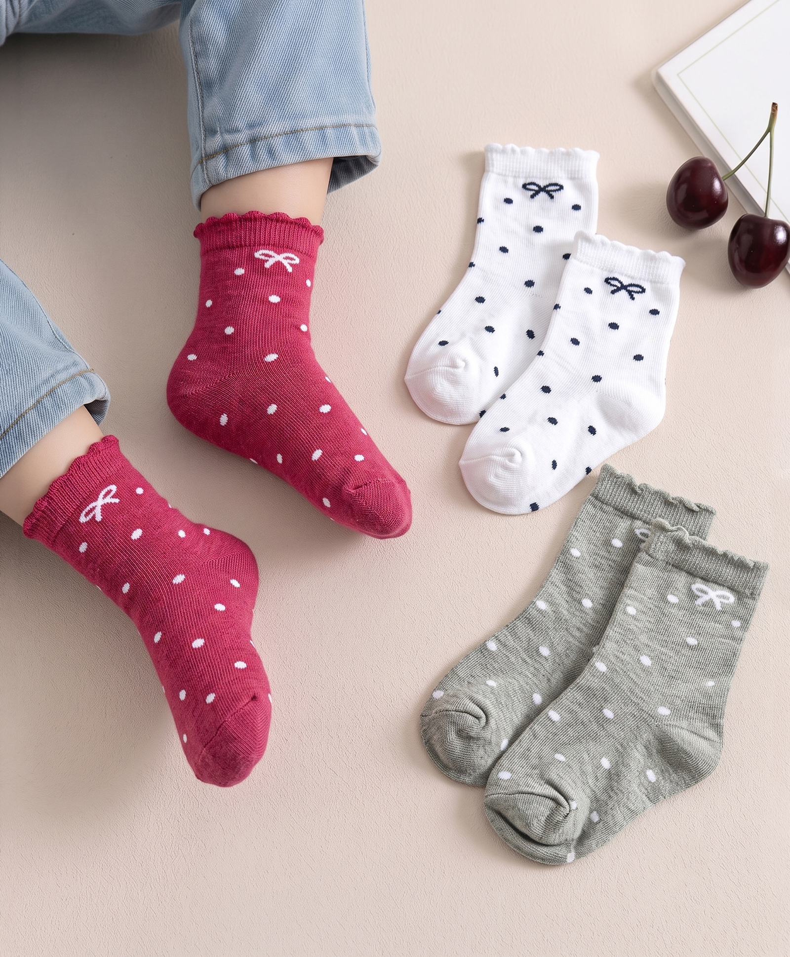 Cute Walk by Babyhug Knit Ankle Length Antibacterial Socks With Bow & Polka Dot Design Pack Of 3 - Dark Pink White & Grey-image-21