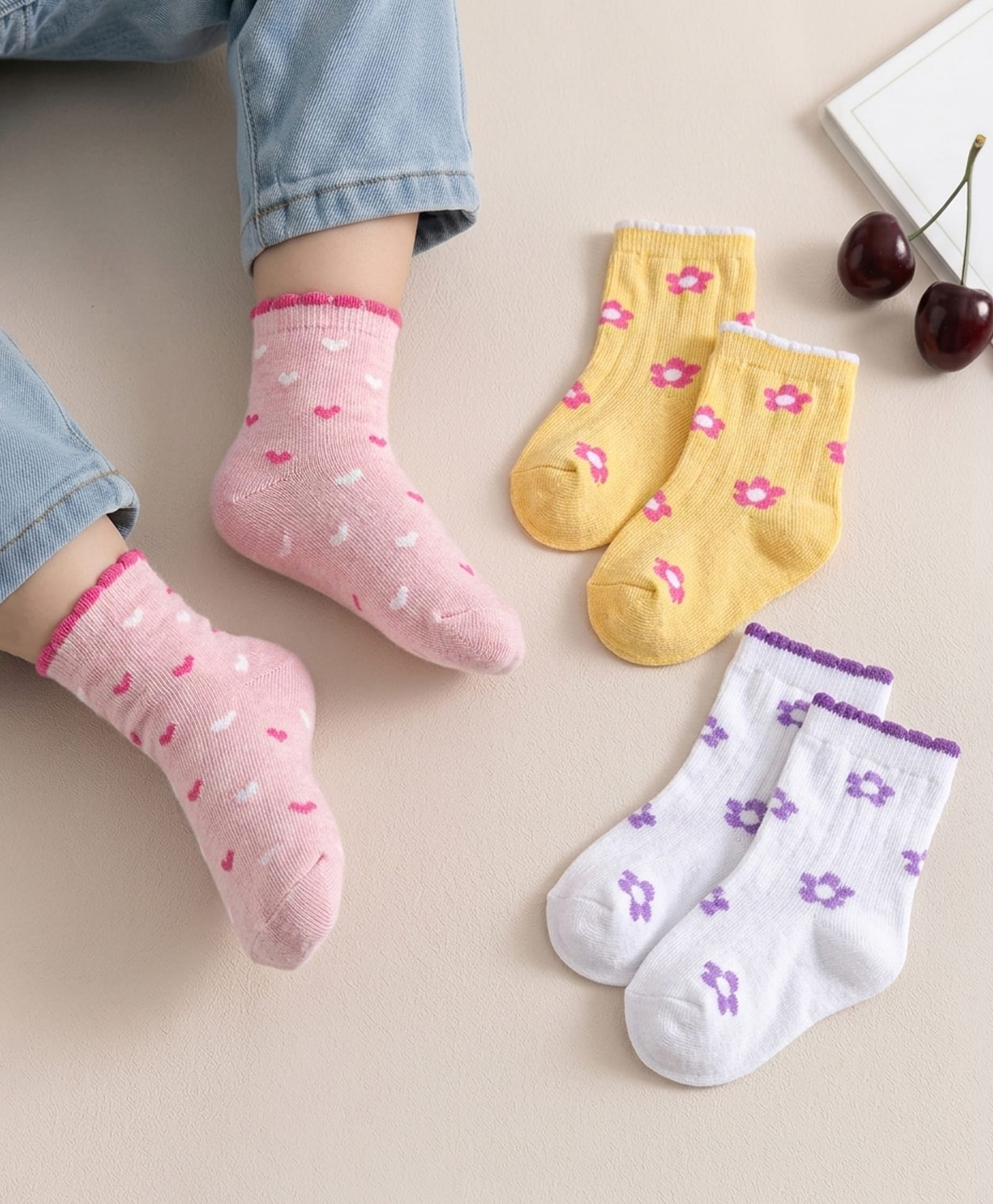 Cute Walk by Babyhug Knit Ankle Length Antibacterial Socks with Floral Design - Pink & Yellow-image-7