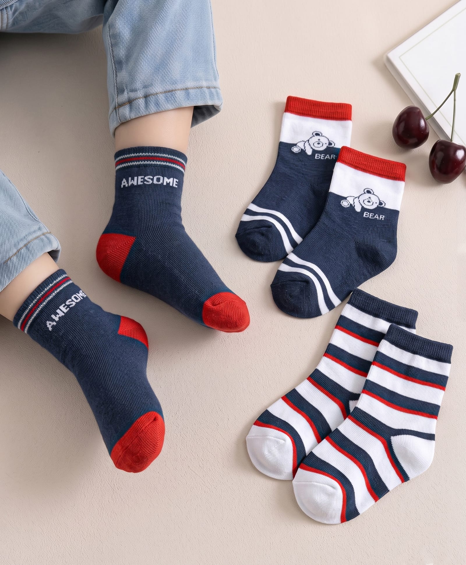 Cute Walk by Babyhug Knit Ankle Length Antibacterial Socks With Striped & Bear Design Pack Of 3 - Navy & White-image-13