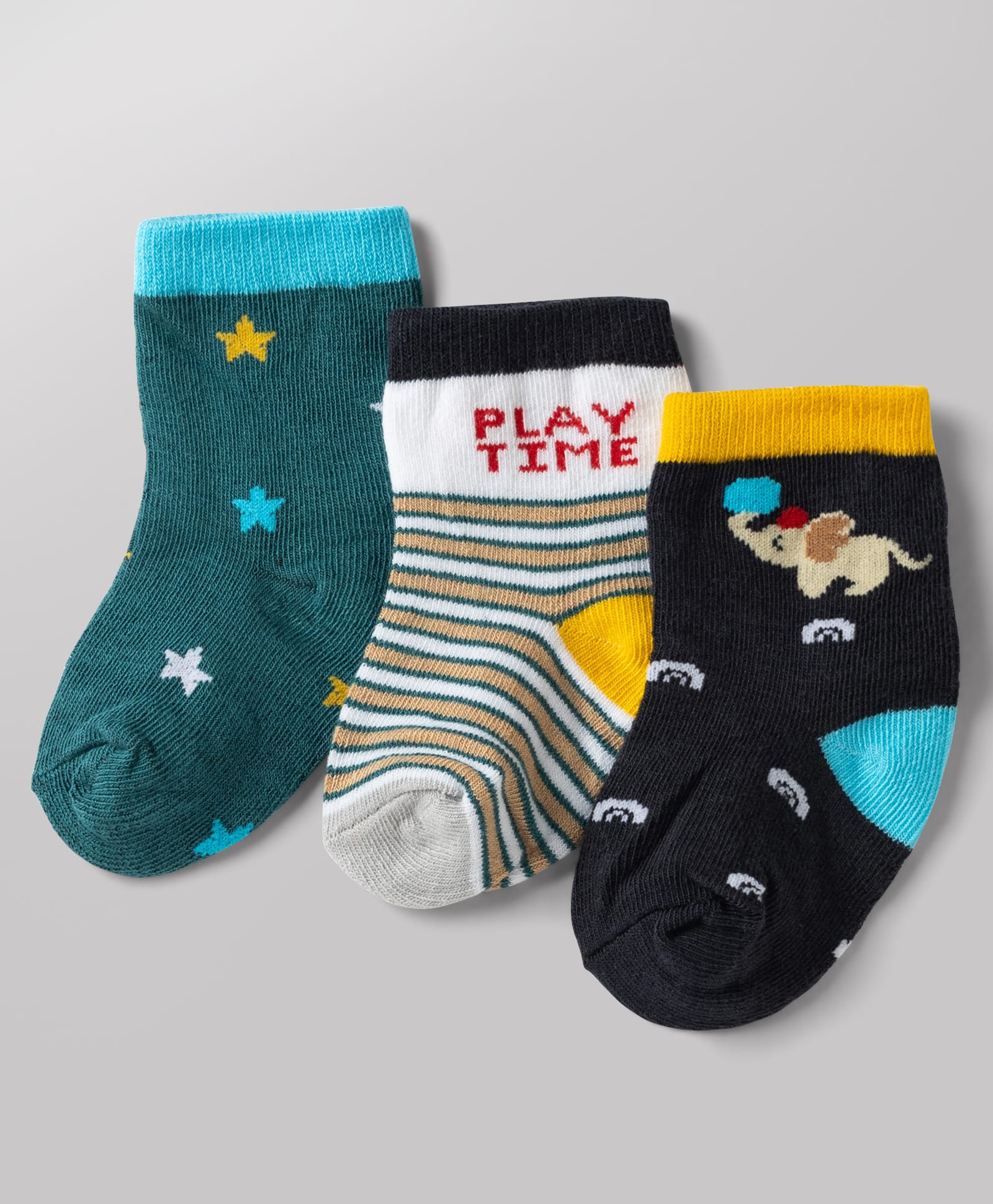 Cutewalk by Babyhug Non Terry Knit Anti-bacterial Ankle Length Striped Socks With Animal, Star & Text Design Pack of 3 - Black, White & Green-image-44