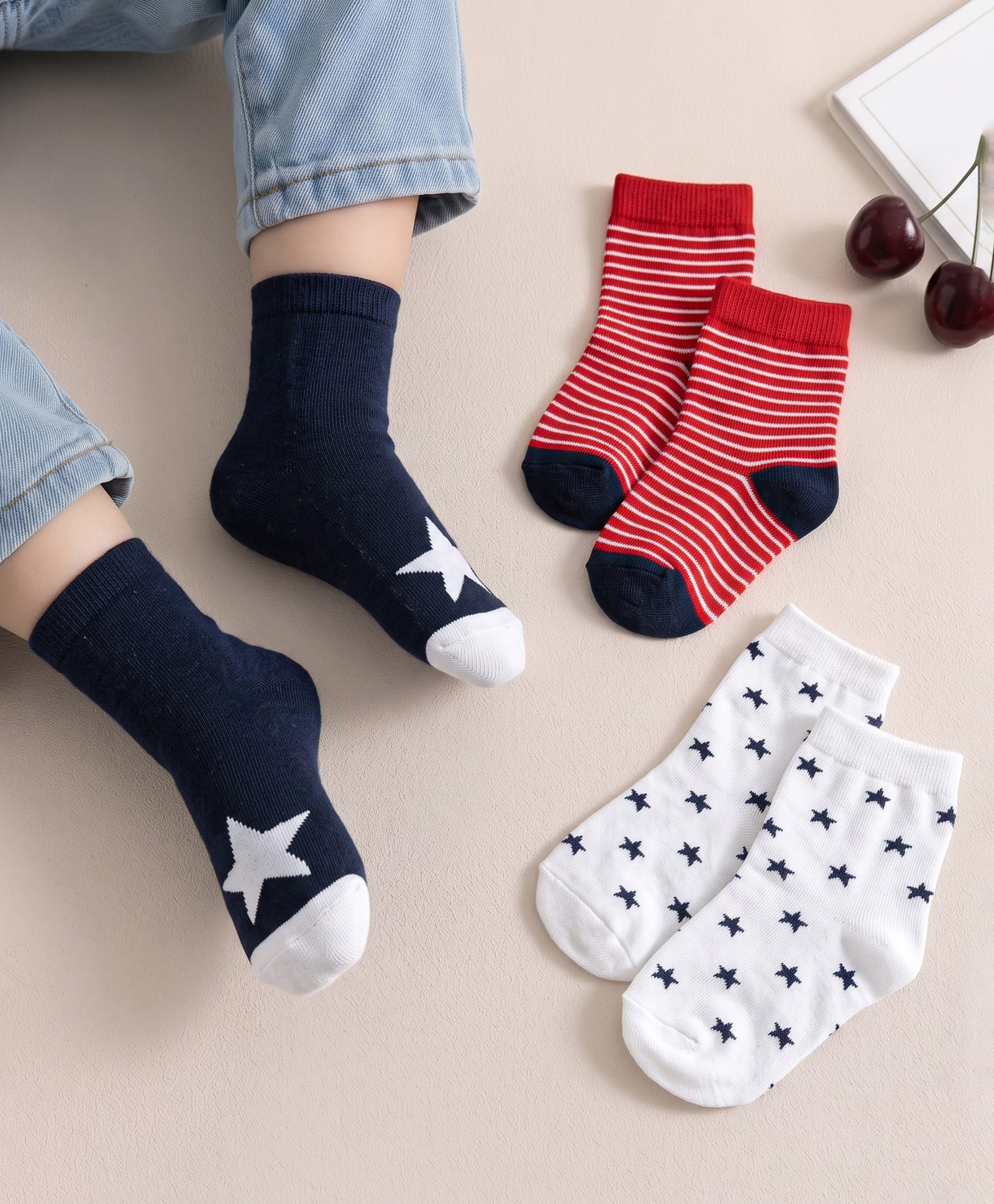 Cute Walk by Babyhug Knit Ankle Length Antibacterial Socks With Stripes & Star Design Pack Of 3 - Navy & White-image-38