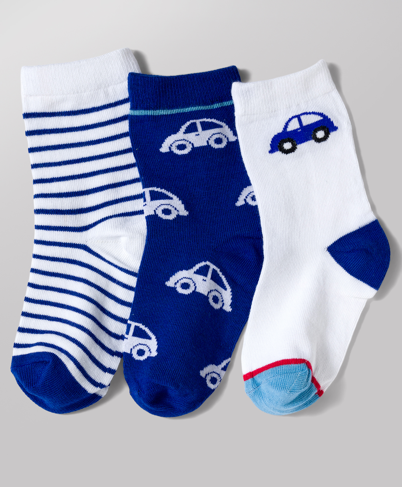 Cute Walk by Babyhug Knit Ankle Length Antibacterial Socks with Stripe & Car Design Pack of 3 - White & Blue-picture-25