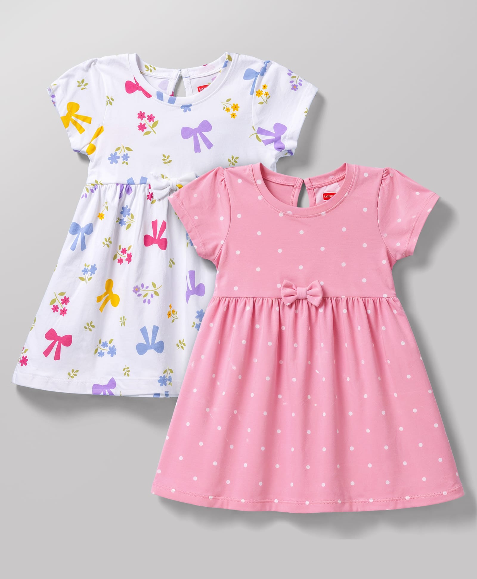 Babyhug Cotton Single Jersey Knit Half Sleeves Floral & Polka Dot Printed Frock with Bow Applique Pack of 2 - White & Pink-picture-29