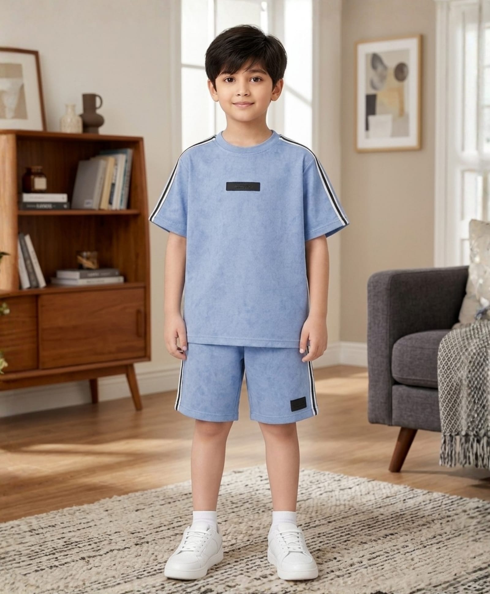 Anthrilo Cotton Blend Knit Half Sleeves Side Taped Typography Patch Detailed Oversized Tee & Shorts Set - Blue-image-9