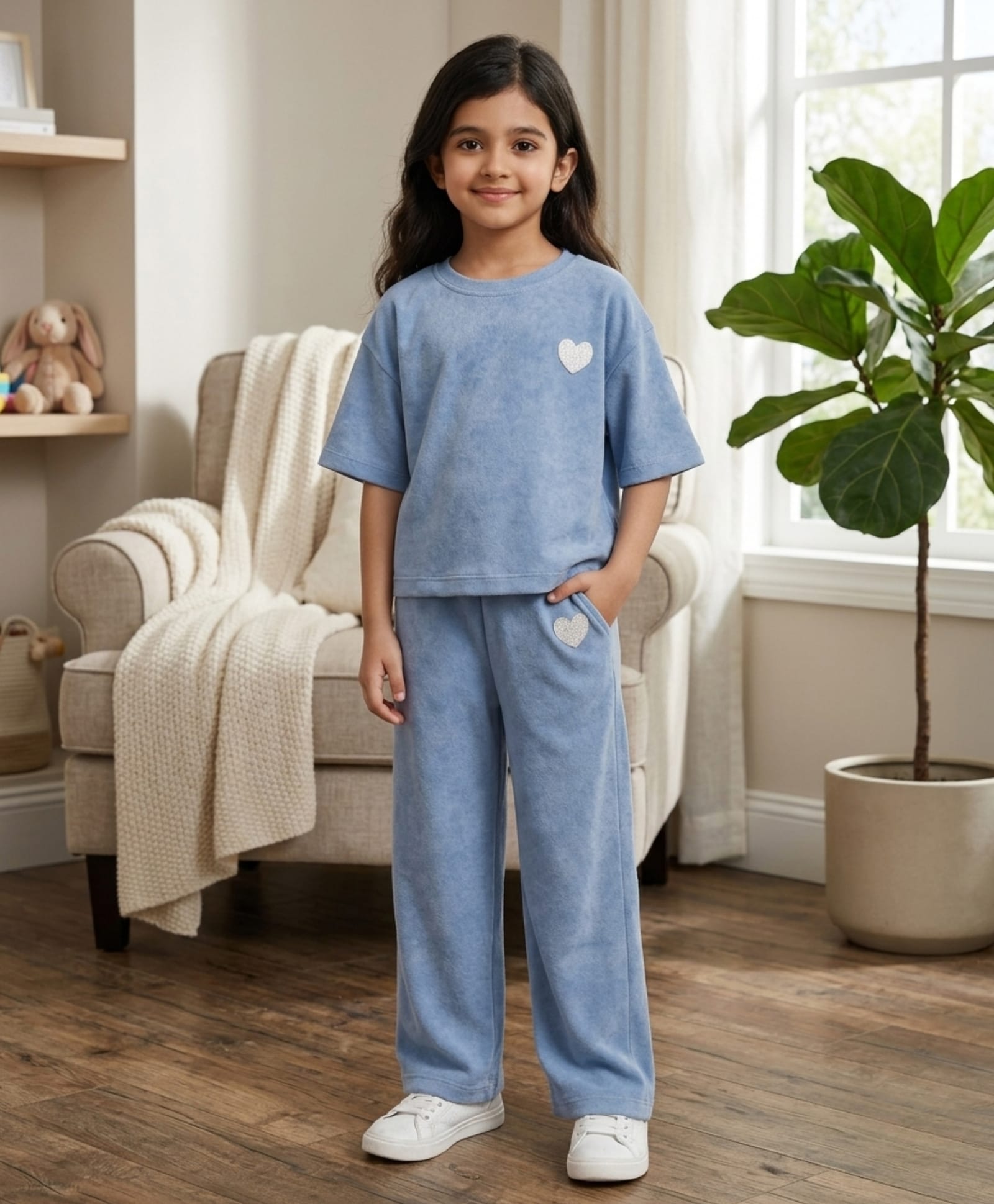 Anthrilo Cotton Blend Knit Half Sleeves Heart Applique Detailed Oversized Tee & Pants Set - Blue-image-15