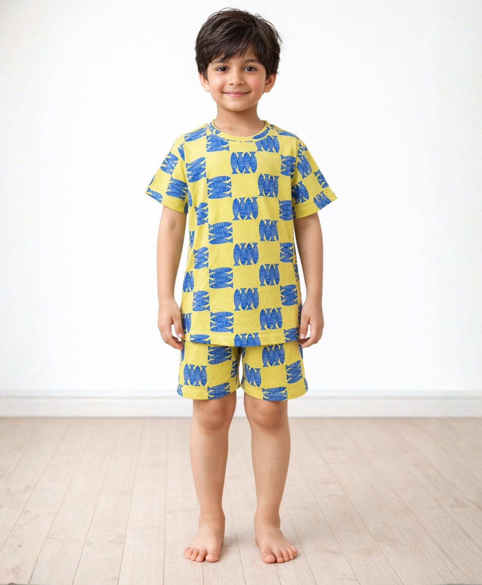Anthrilo 100% Pure Cotton Knit Half Sleeves Fish Checks Printed Coordinating Tee & Shorts Set - Yellow-image-49