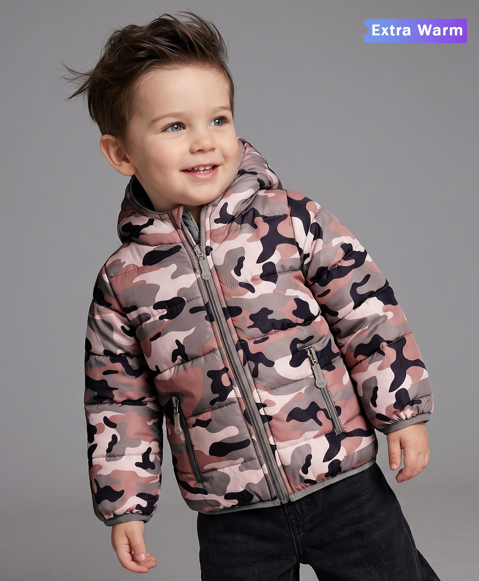 Babyoye Knit Padded Jacket With Full Sleeves and Camouflage Print - Grey-image-44