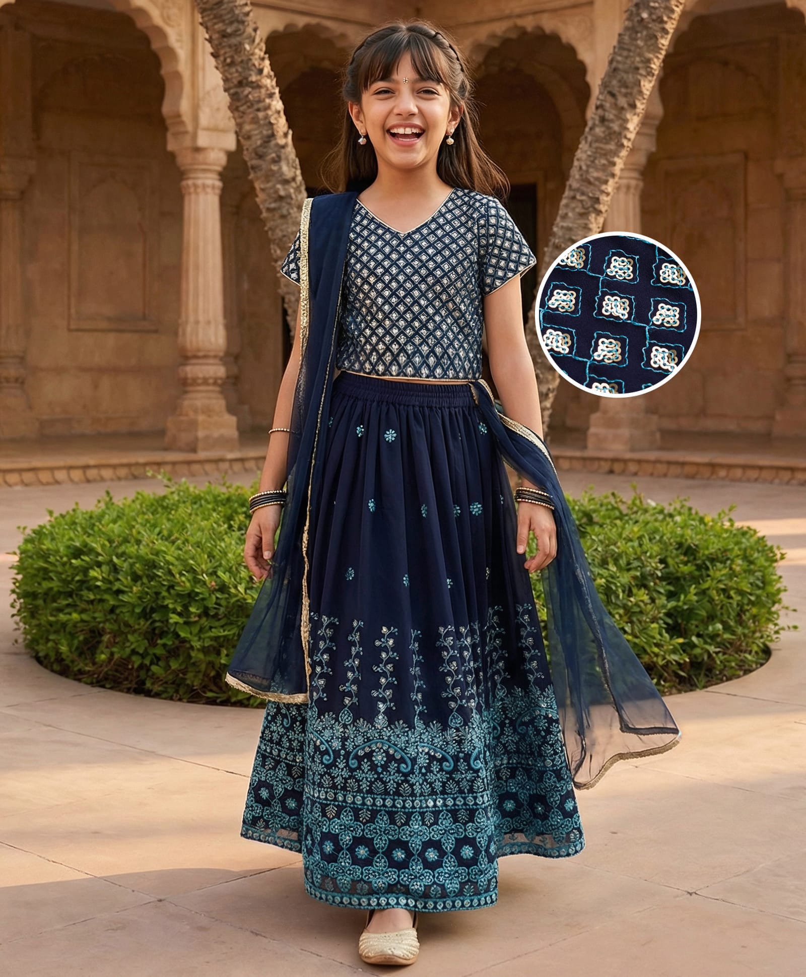 Pine Kids Georgette Woven Half Sleeves Floral Sequinned Choli & Lehenga Set With Dupatta - Navy Blue-picture-43