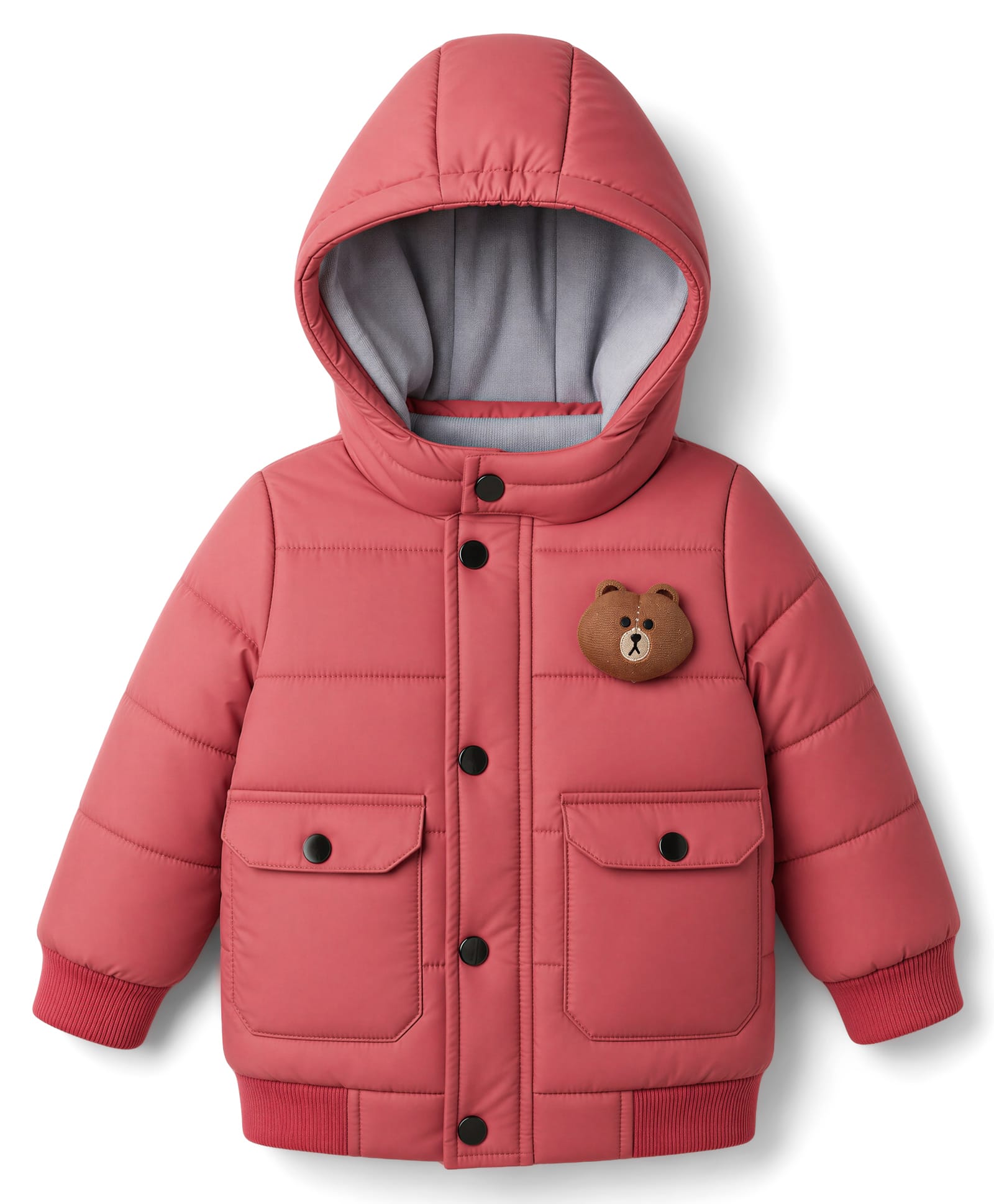 Babyoye Knit Full Sleeves Hooded Padded Solid Colour Jacket with Bear Applique -Red-image-30