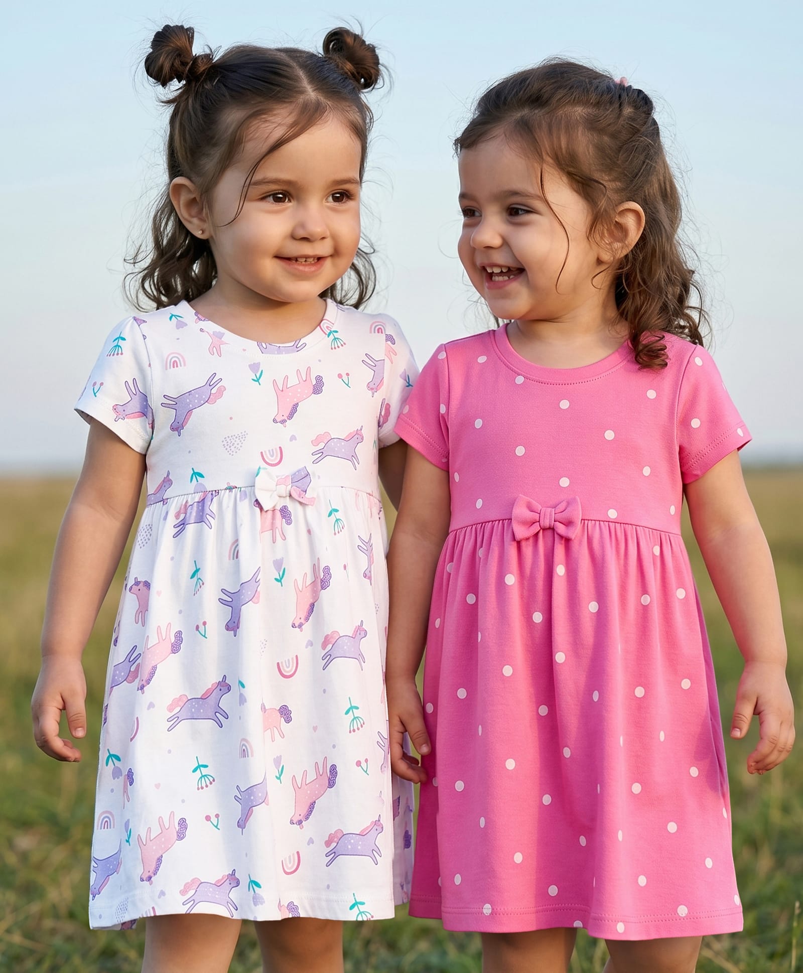 Babyhug Single Jersey Knit Half Sleeves Polka Dot & Unicorn Printed Frock With Bow Applique Pack of 2 - Pink & White-picture-21