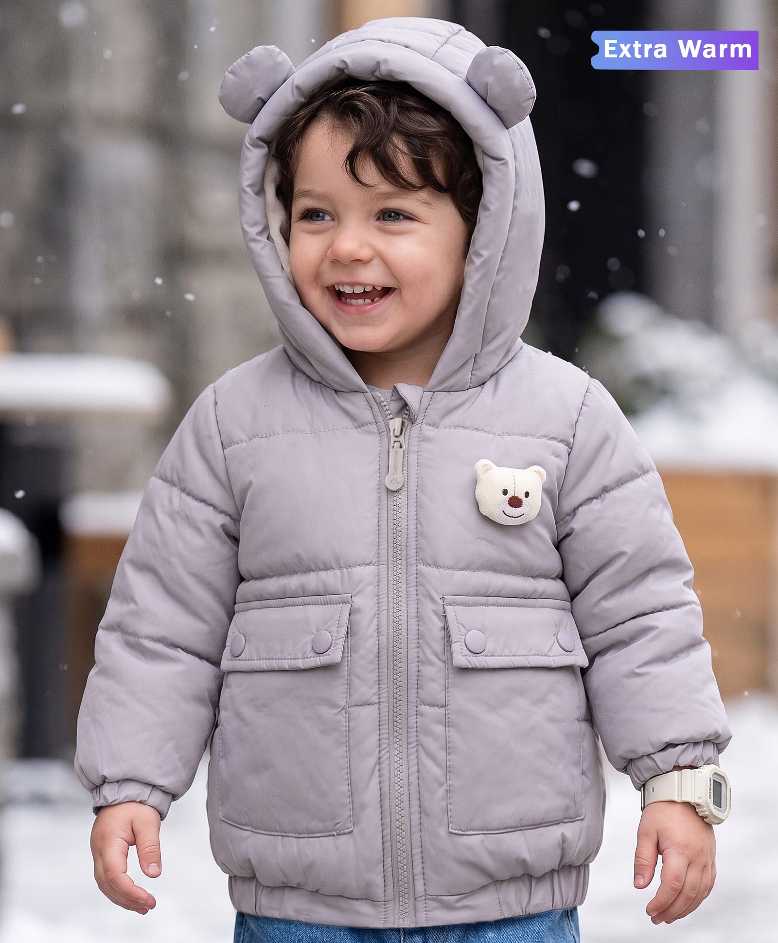 Babyoye Knit Full Sleeves Solid Colour Hooded Padded Winter Jacket with Bear Applique- Blue-image-20