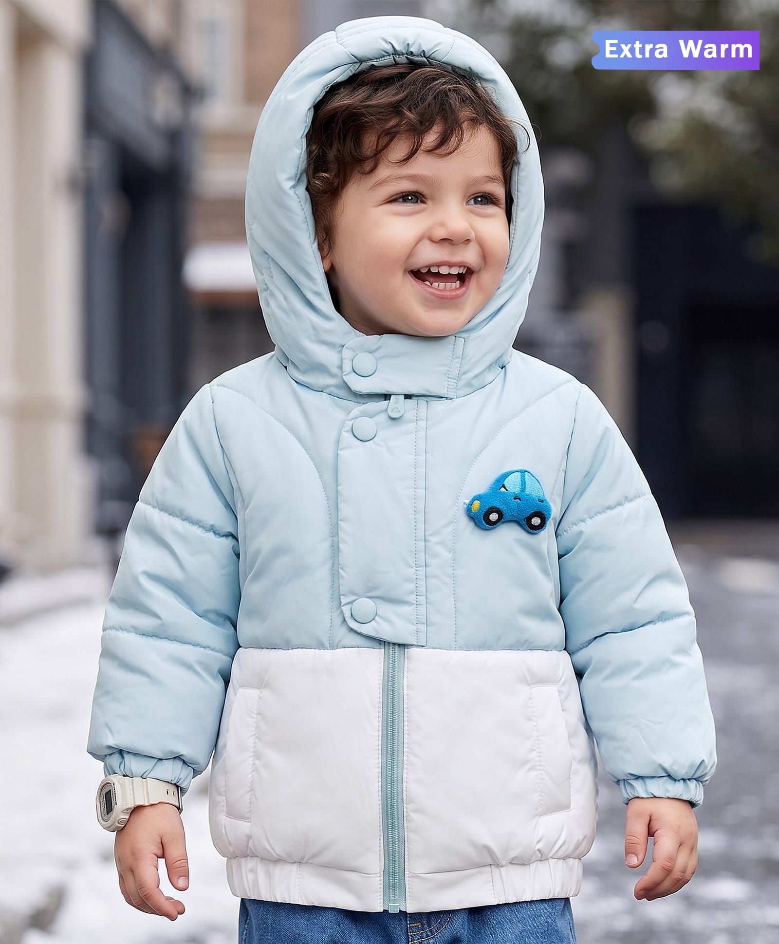 Babyoye Knit Full Sleeves Solid Colour Block Hooded Padded Winter Jacket with Car Applique-Light Blue-image-29