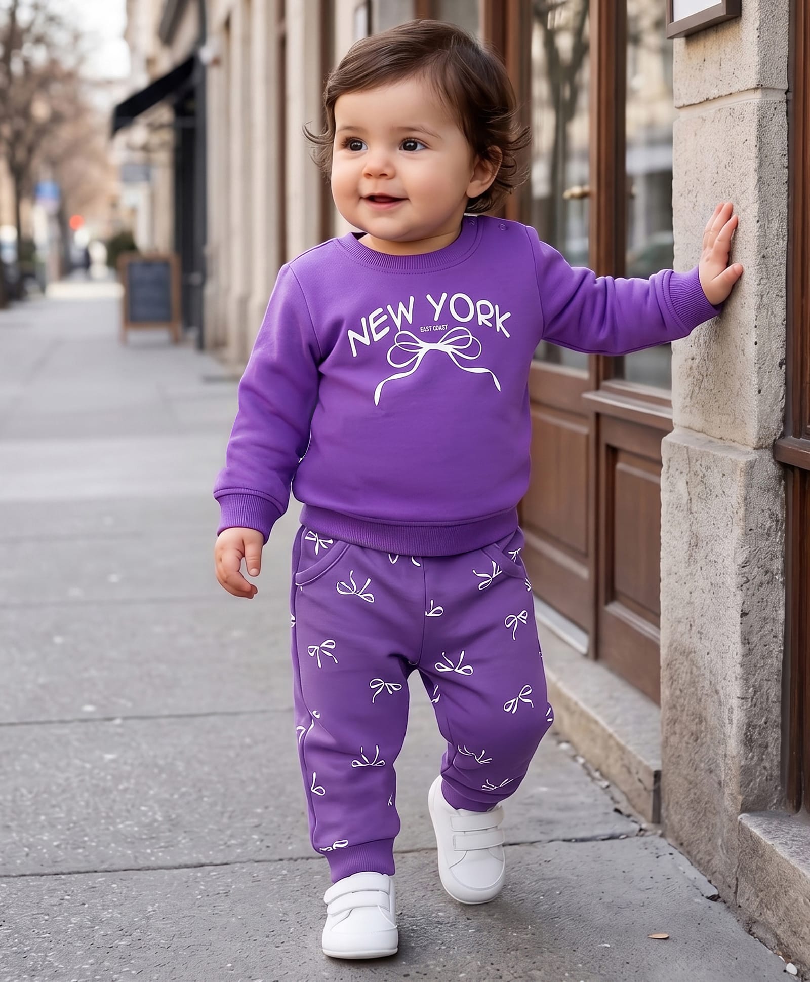 Doodle Poodle Terry Knit Full Sleeves Winter Wear T-Shirt & Lounge Pant Set with Bow & Text Print - Lilac-image-3