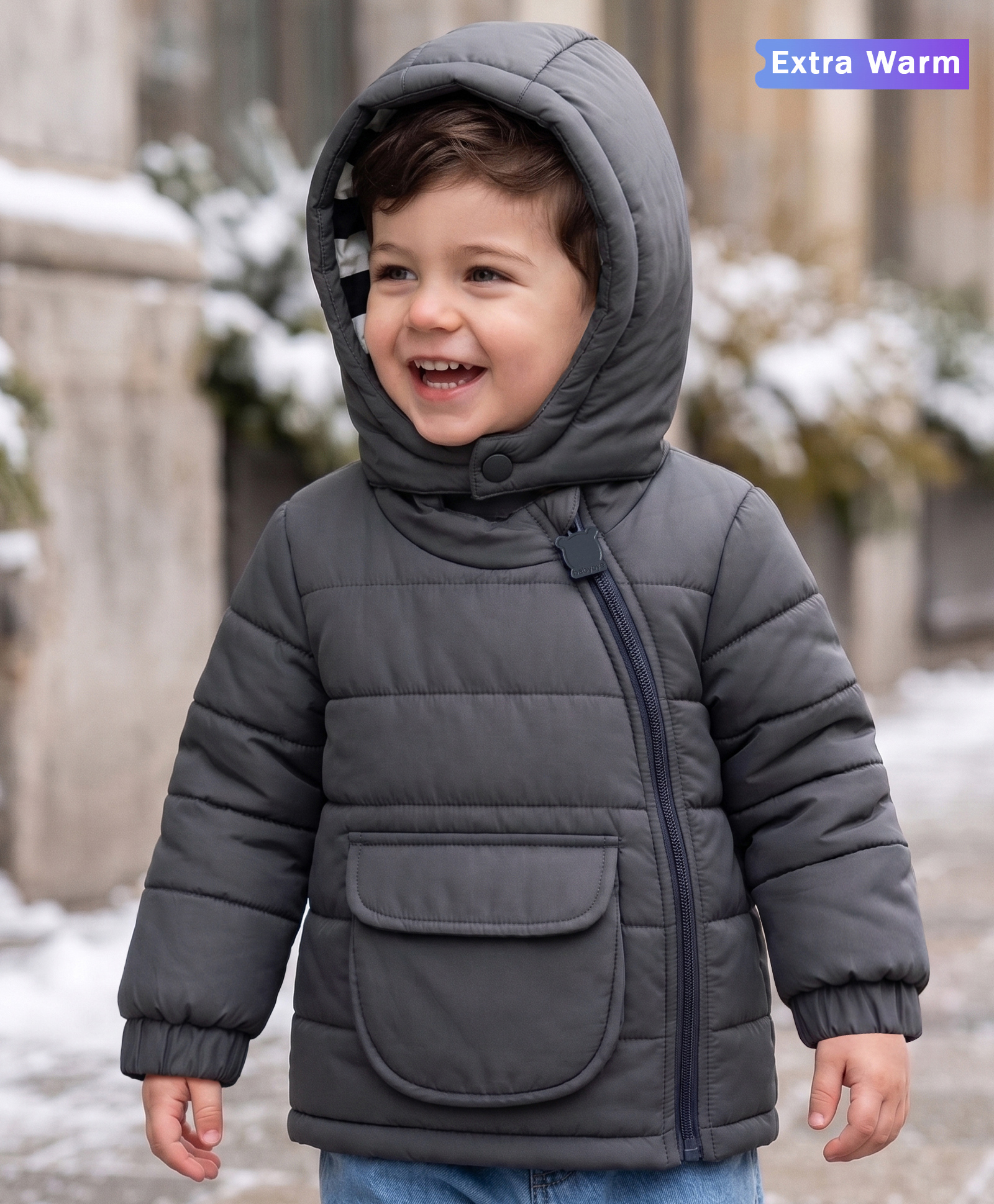 Babyoye Knit Full Sleeves Solid Colour Hooded Padded Winter Jacket -Grey-image-30