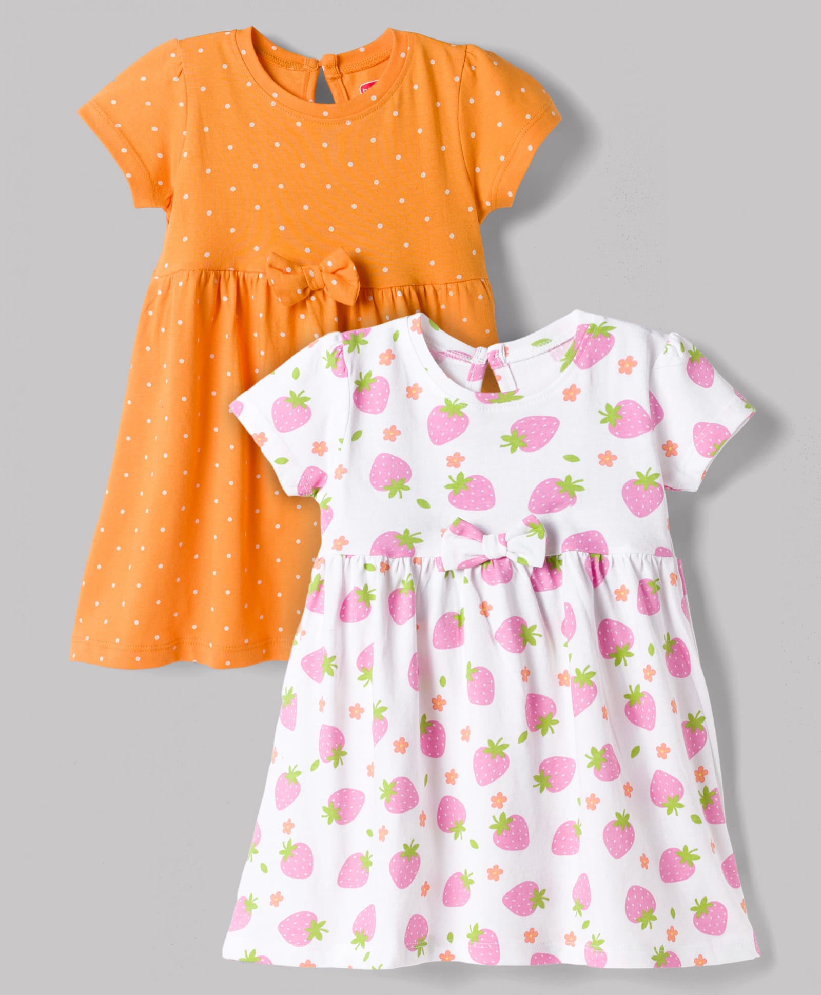 Babyhug Single Jersey Knit Half Sleeves Polka Dots & Strawberry Printed Frocks With Bow Applique Pack Of 2 - Orange & White-image-49