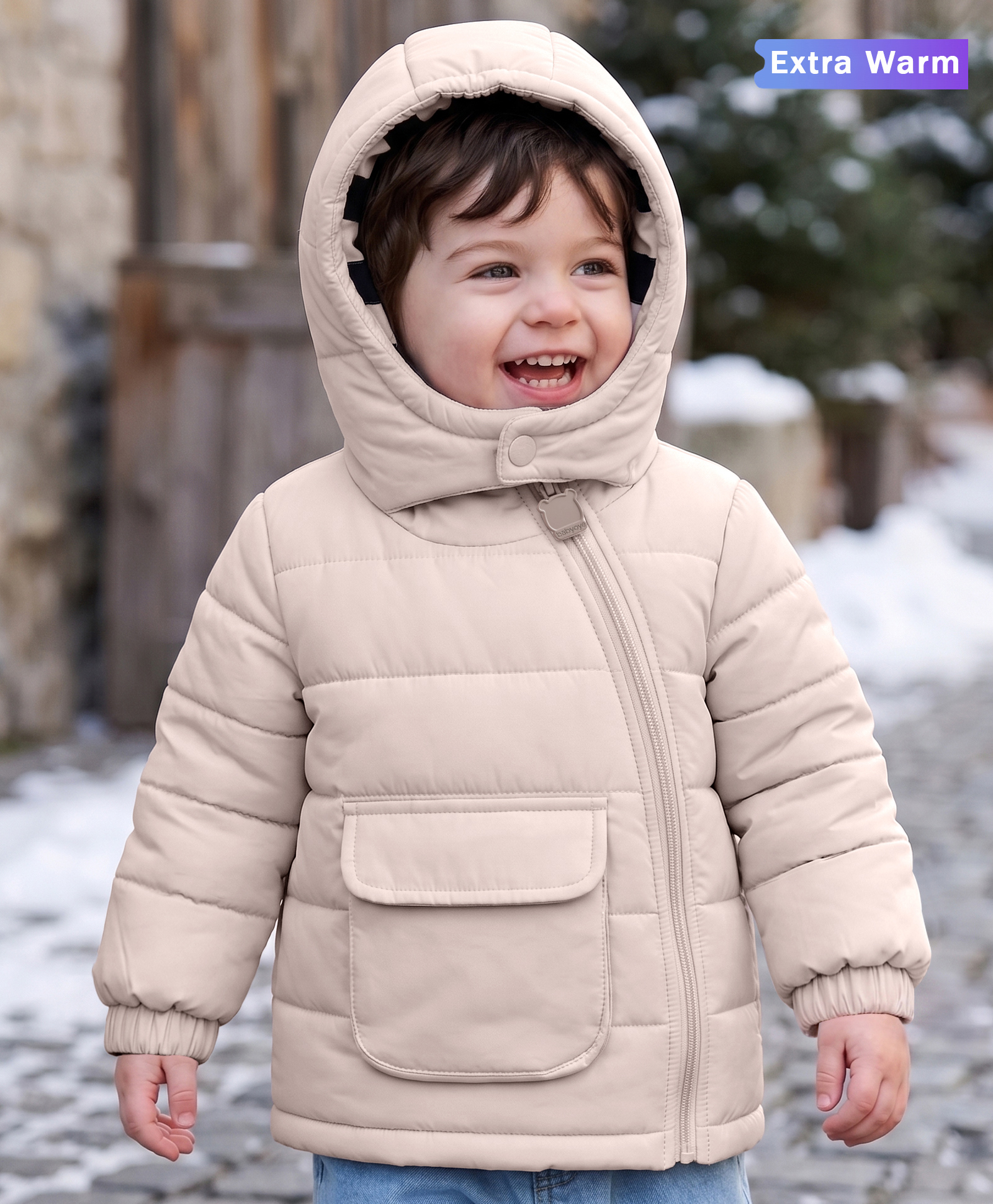 Babyoye Knit Full Sleeves Solid Colour Hooded Padded Winter Jacket -Beige-image-45