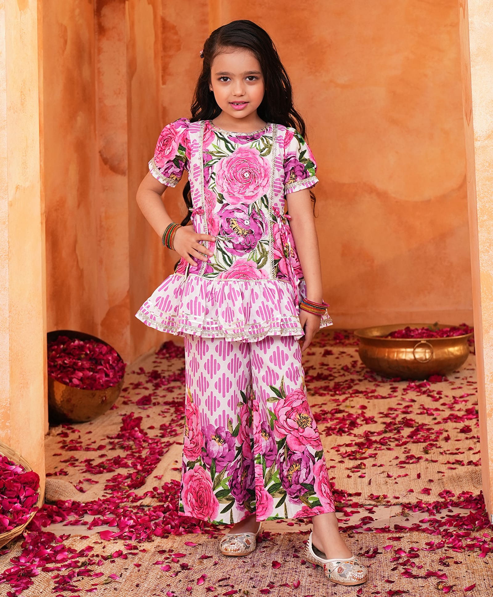 LIL PITAARA Pure Cotton Woven Half Sleeves Floral Printed & Gota Lace Embellished Kurti & Palazzo Set - Purple-picture-25