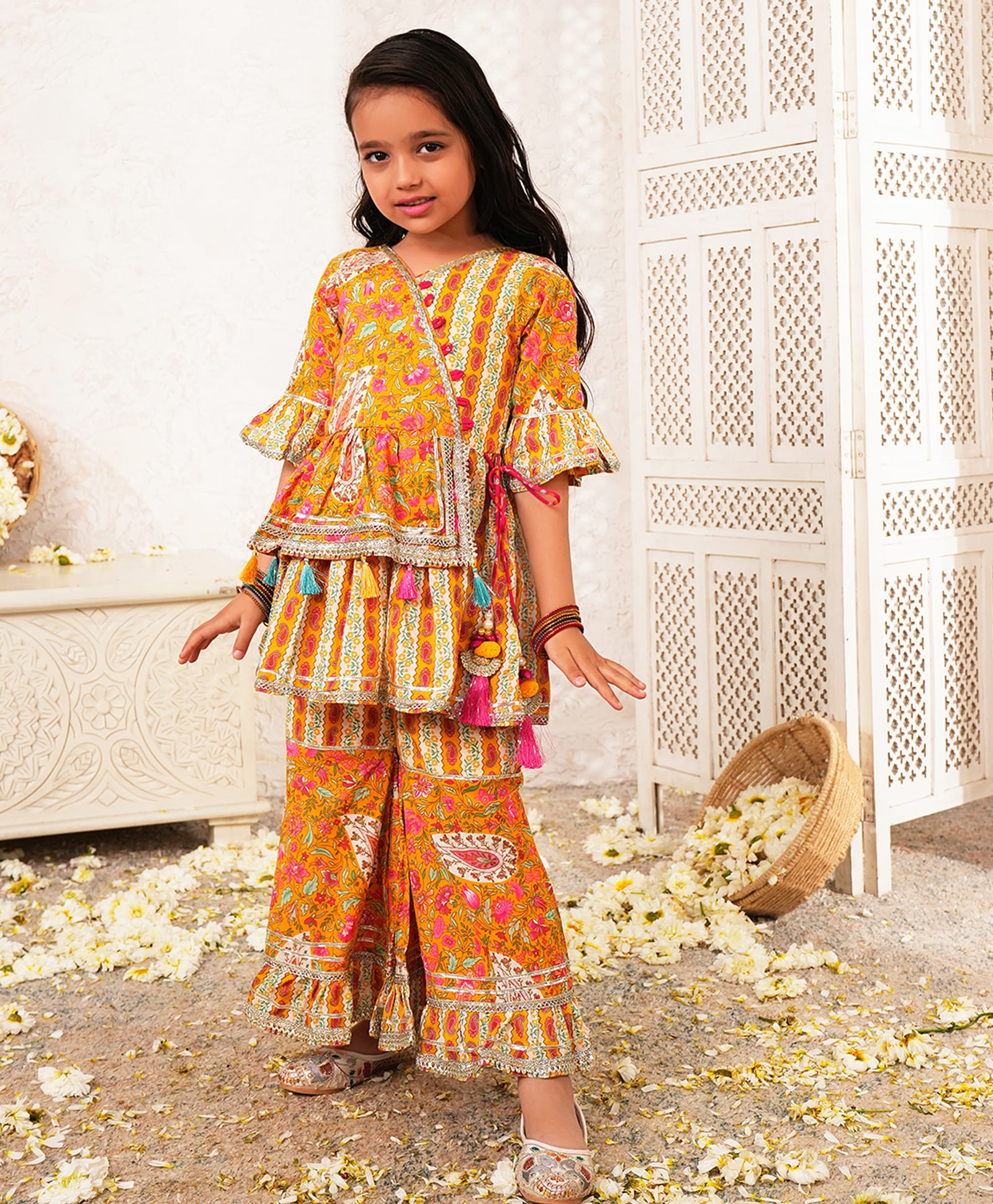 LIL PITAARA Pure Cotton Woven Three Fourth Sleeves Floral Printed & Gota Lace Embellished Kurti & Sharara Set - Yellow-picture-25