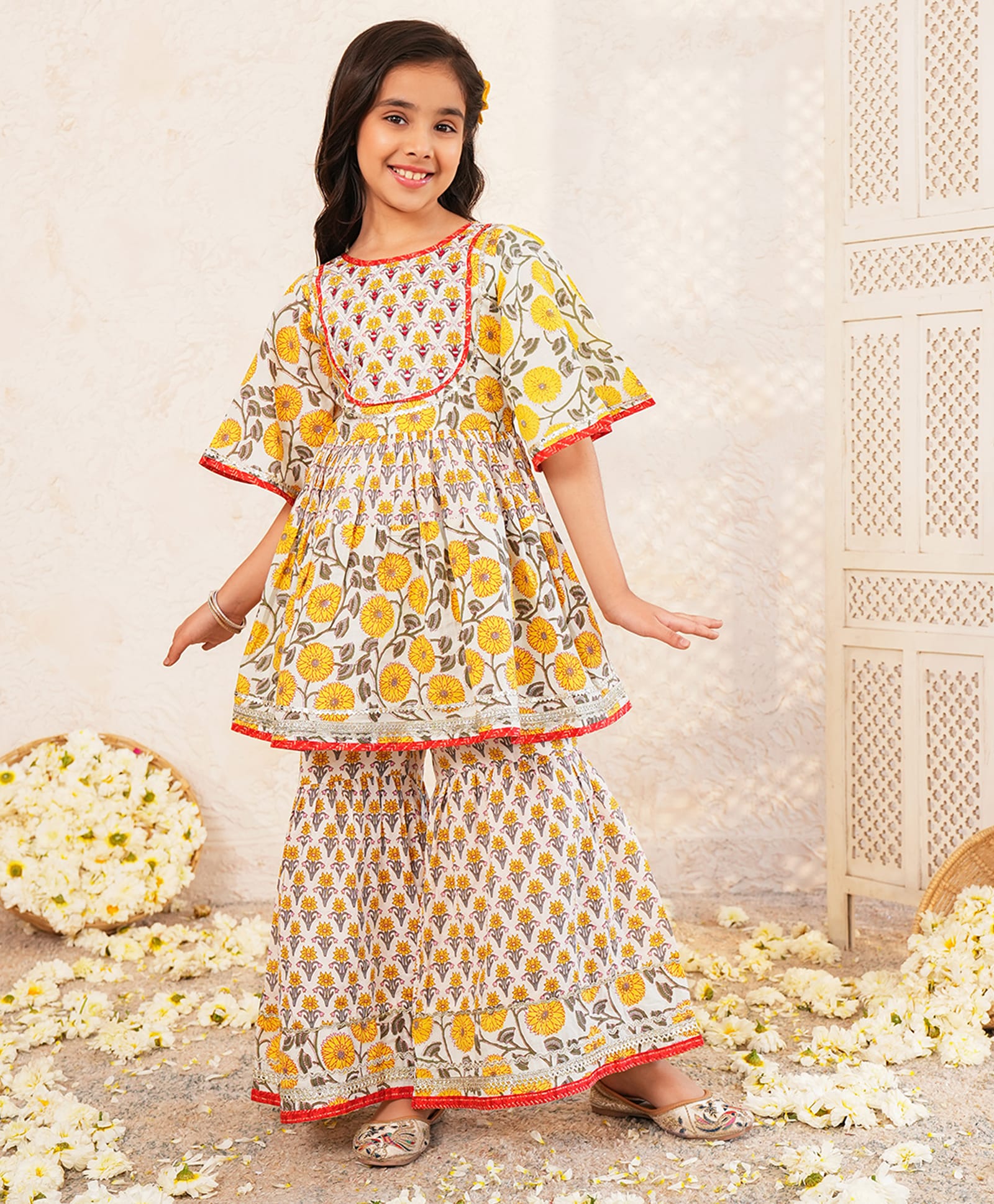 LIL PITAARA Pure Cotton Knit Three Fourth Sleeves Floral Printed & Gota Lace Embellished Coordinating Kurti & Sharara Set - Yellow-picture-28