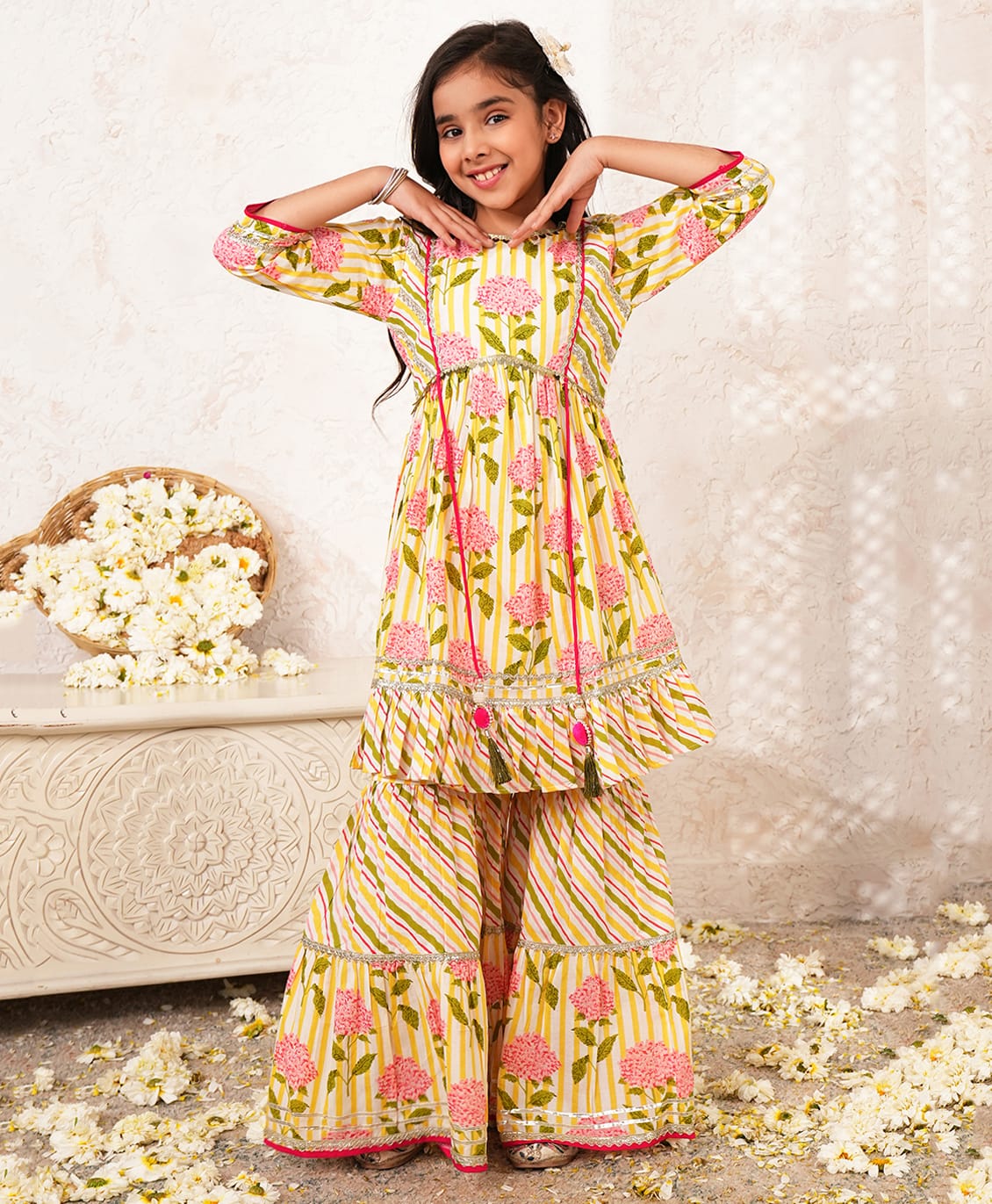 LIL PITAARA Pure Cotton Woven Three Fourth Sleeves Striped & Floral Printed Kurti & Sharara Set - Yellow-picture-18