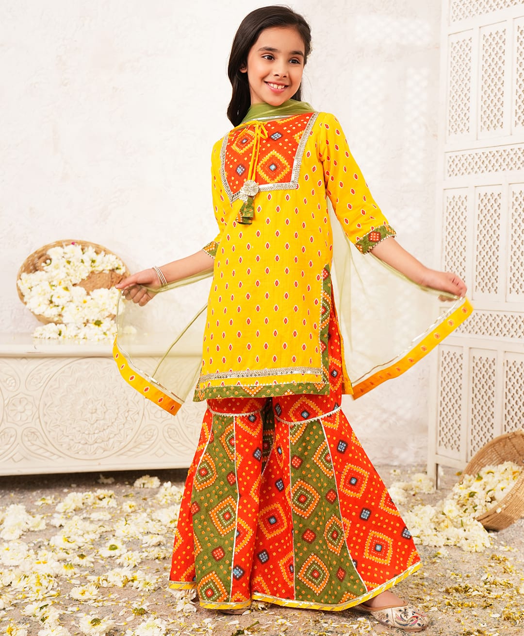 LIL PITAARA Pure Cotton Woven Three Fourth Sleeves Bandhani & Abstract Printed Kurti & Sharara With Duppata Set - Yellow-image-16
