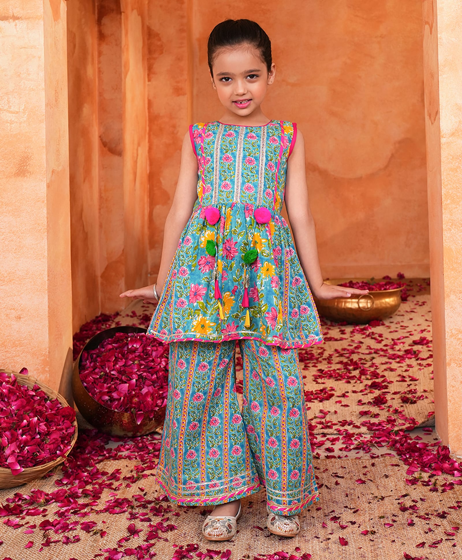 LIL PITAARA Pure Cotton Knit Sleeveless Floral Printed & Gota Lace Embellished Coordinating Kurti & Palazzo Set - Blue-picture-26