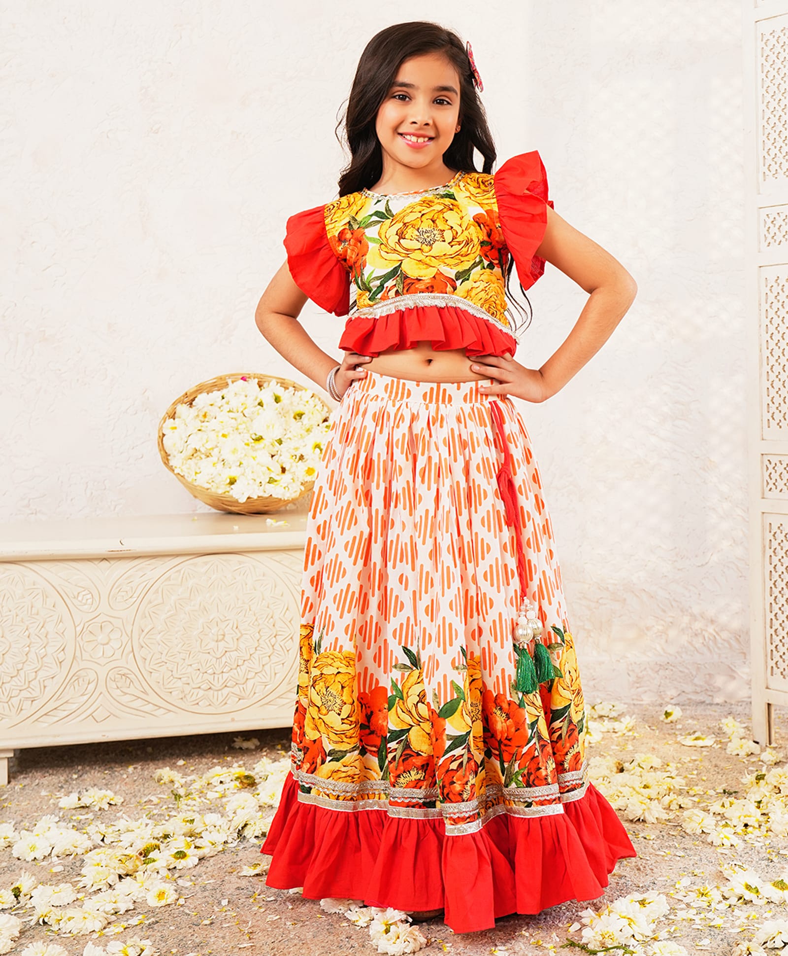 LIL PITAARA Pure Cotton Woven Frill Sleeves Floral Printed Lehenga & Choli Set - Orange-picture-34