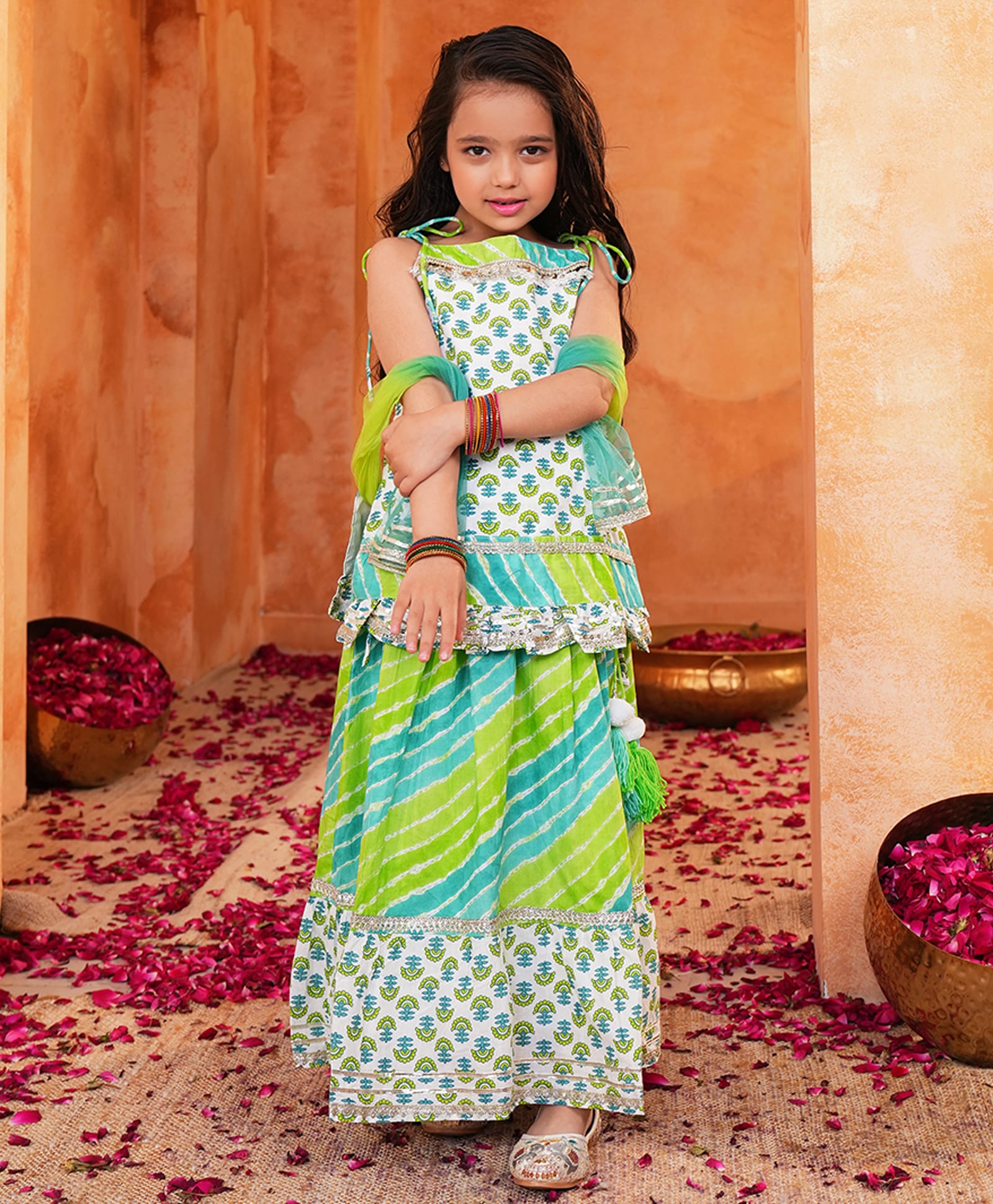LIL PITAARA Pure Cotton Knit Sleeveless Floral Printed & Gota Lace Embellished Kurti With Coordinating Lehenga & Dupatta Set - Green-image-47