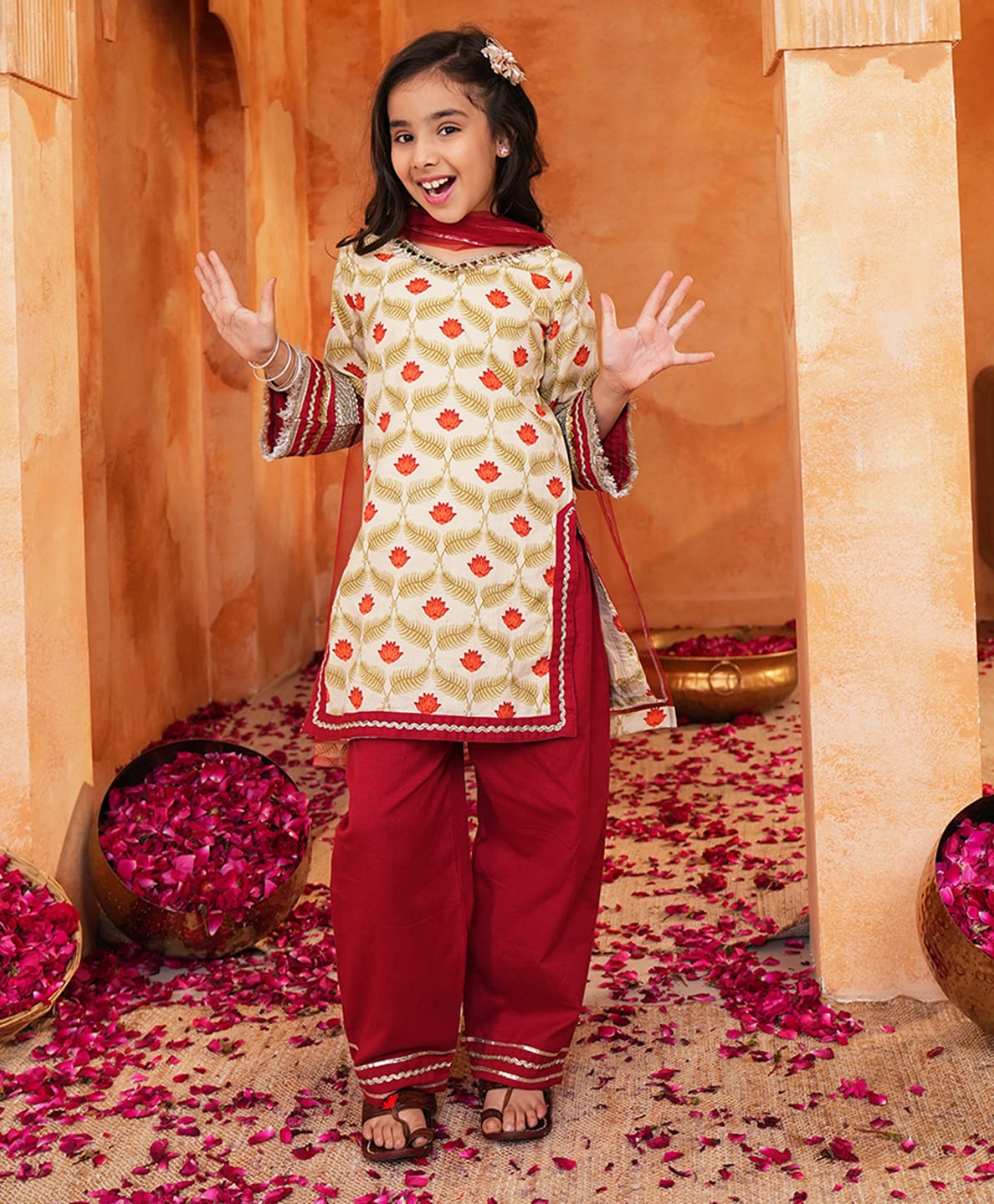 LIL PITAARA Pure Cotton Woven Three Fourth Sleeves Floral Printed & Gota Lace Embellished Kurti & Salwar With Dupatta Set - Off White-picture-29