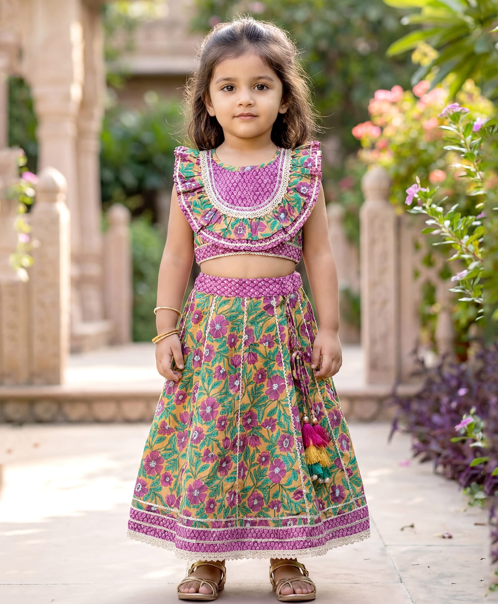 LIL PITAARA Pure Cotton Woven Sleeveless Floral Printed Lehenga & Choli Set - Purple-picture-19