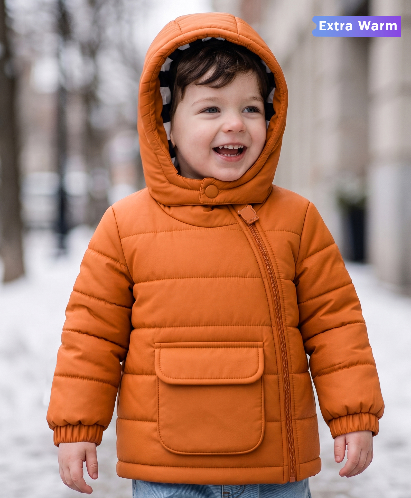 Babyoye Knit Full Sleeves Solid Colour Hooded Padded Winter Jacket- Rust-image-17
