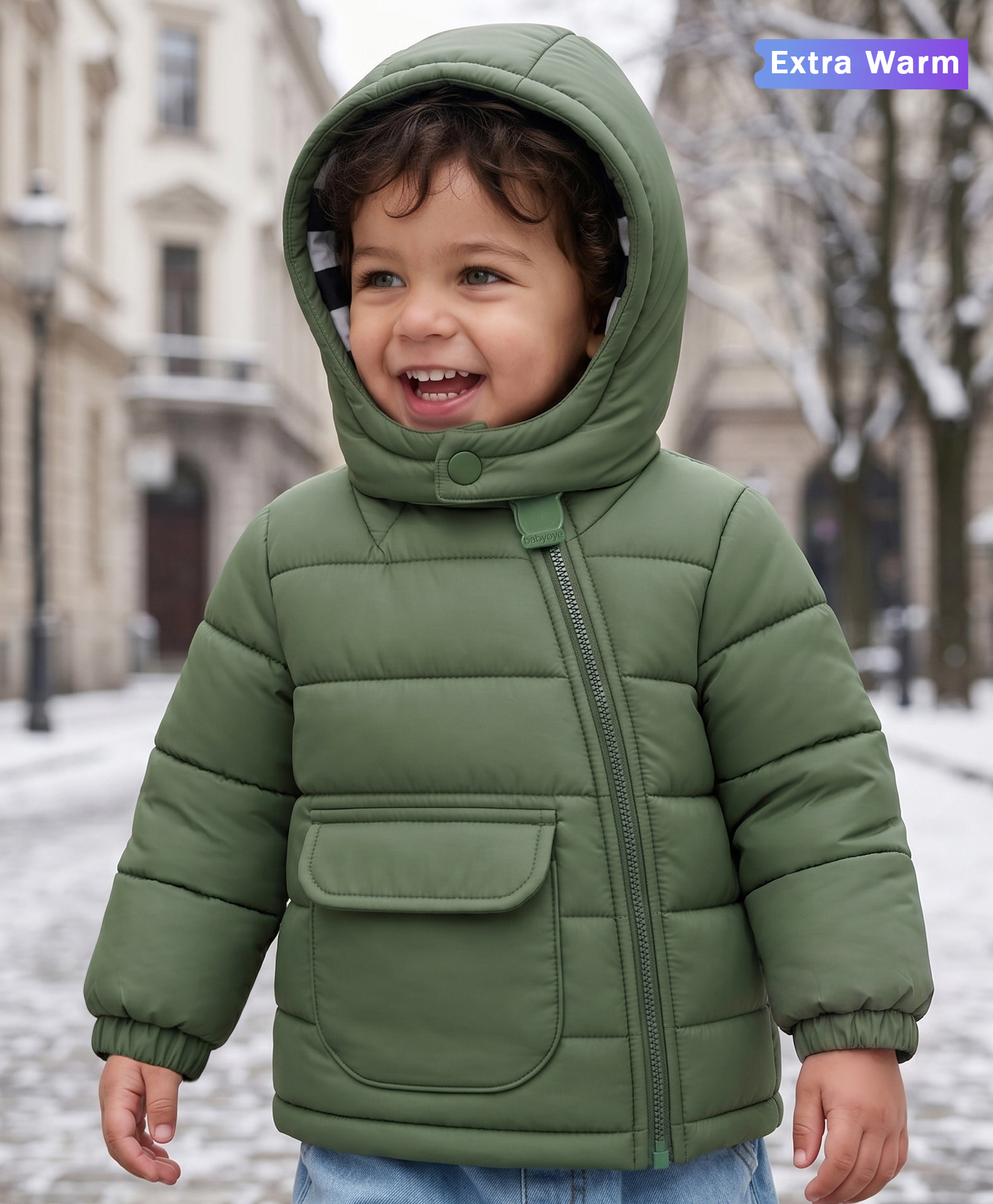 Babyoye Knit Full Sleeves Solid Colour Hooded Padded Winter Jacket- Olive-image-44