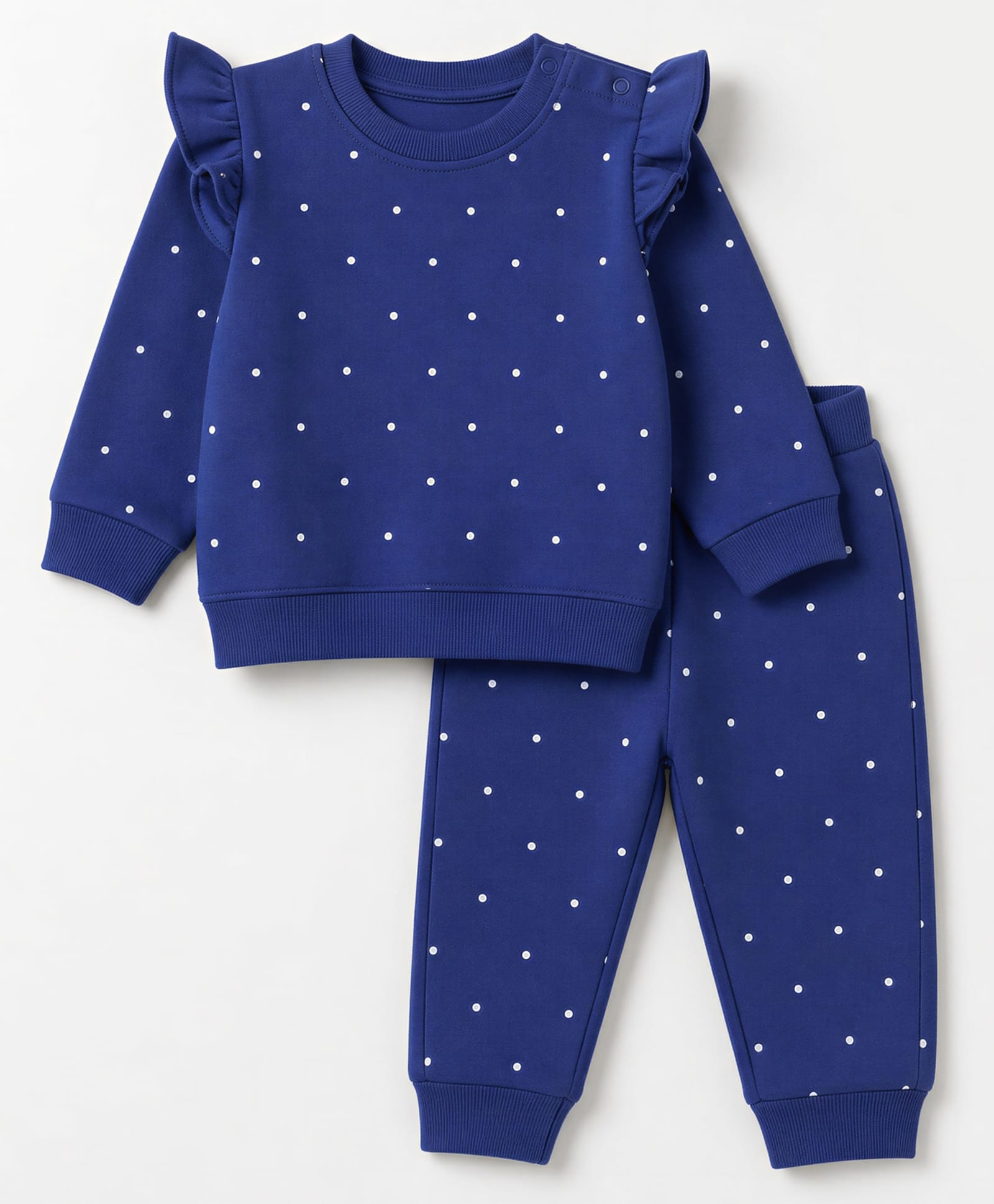 Doodle Poodle 100% Cotton Looper Terry Knit Full Sleeves Polka Dots Printed Co-Ords Top & Lounge Pant Set - Navy Blue-image-15